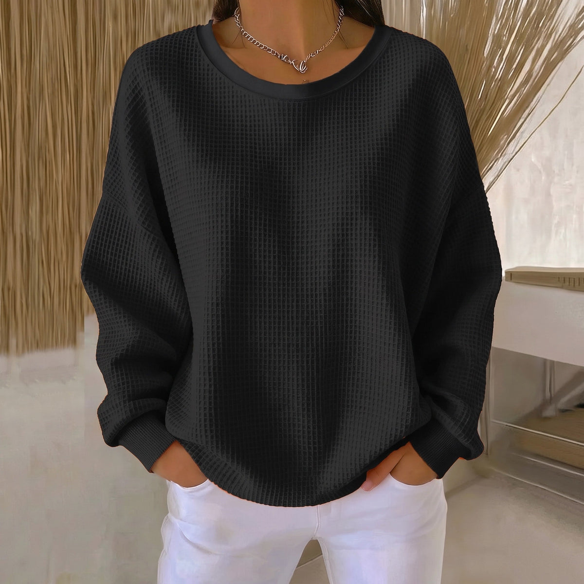Sophie - Women's Relaxed Fit Waffle Knit Crewneck Sweater - Sweater - Black - Sarvento