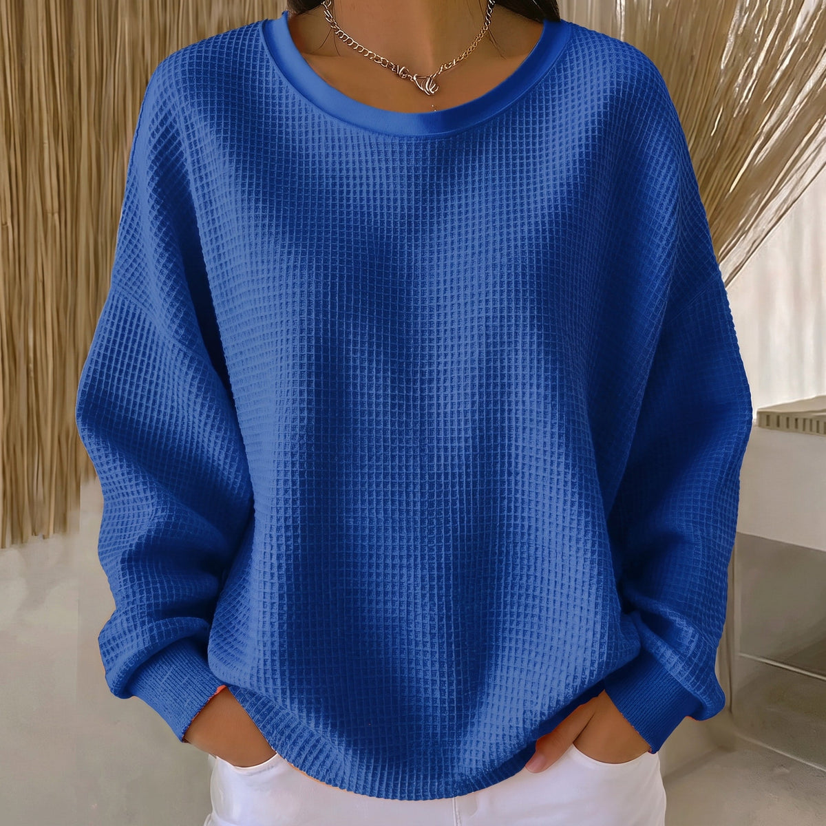 Sophie - Women's Relaxed Fit Waffle Knit Crewneck Sweater - Sweater - Blue - Sarvento