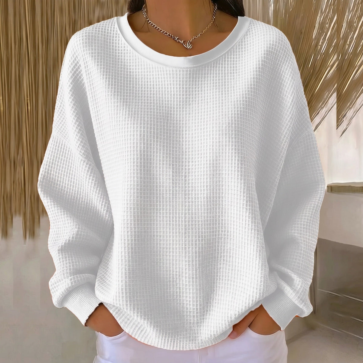 Sophie - Women's Relaxed Fit Waffle Knit Crewneck Sweater - Sweater - White - Sarvento