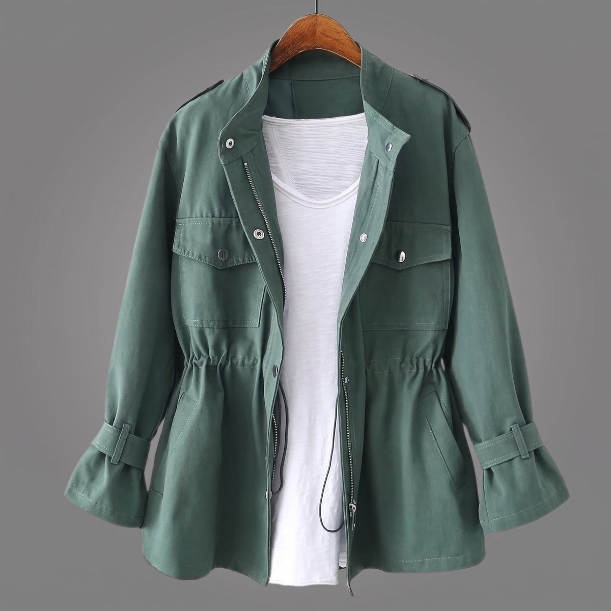 Sophie - Women's Relaxed Transitional Utility Jacket with Cinched Waist - Coats & Jackets - Green - Parker&Brooks