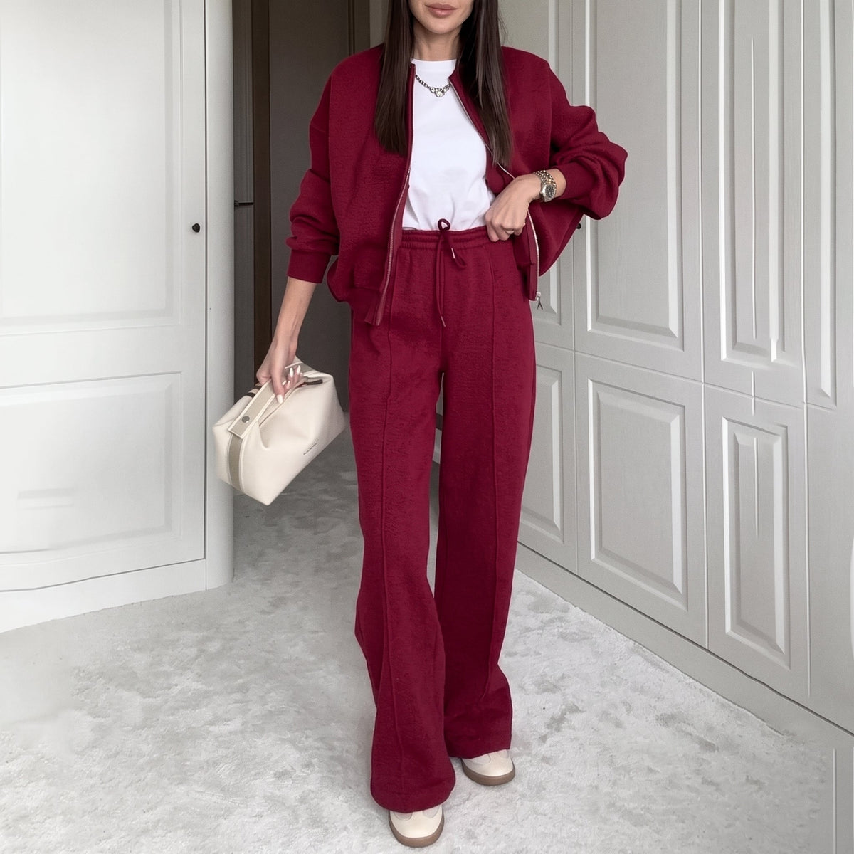 Sophie - Women's Relaxed Zip-Up Sweater Wide-Leg Jogger Tracksuit Set - Loungewear Sets - Red - Sarvento