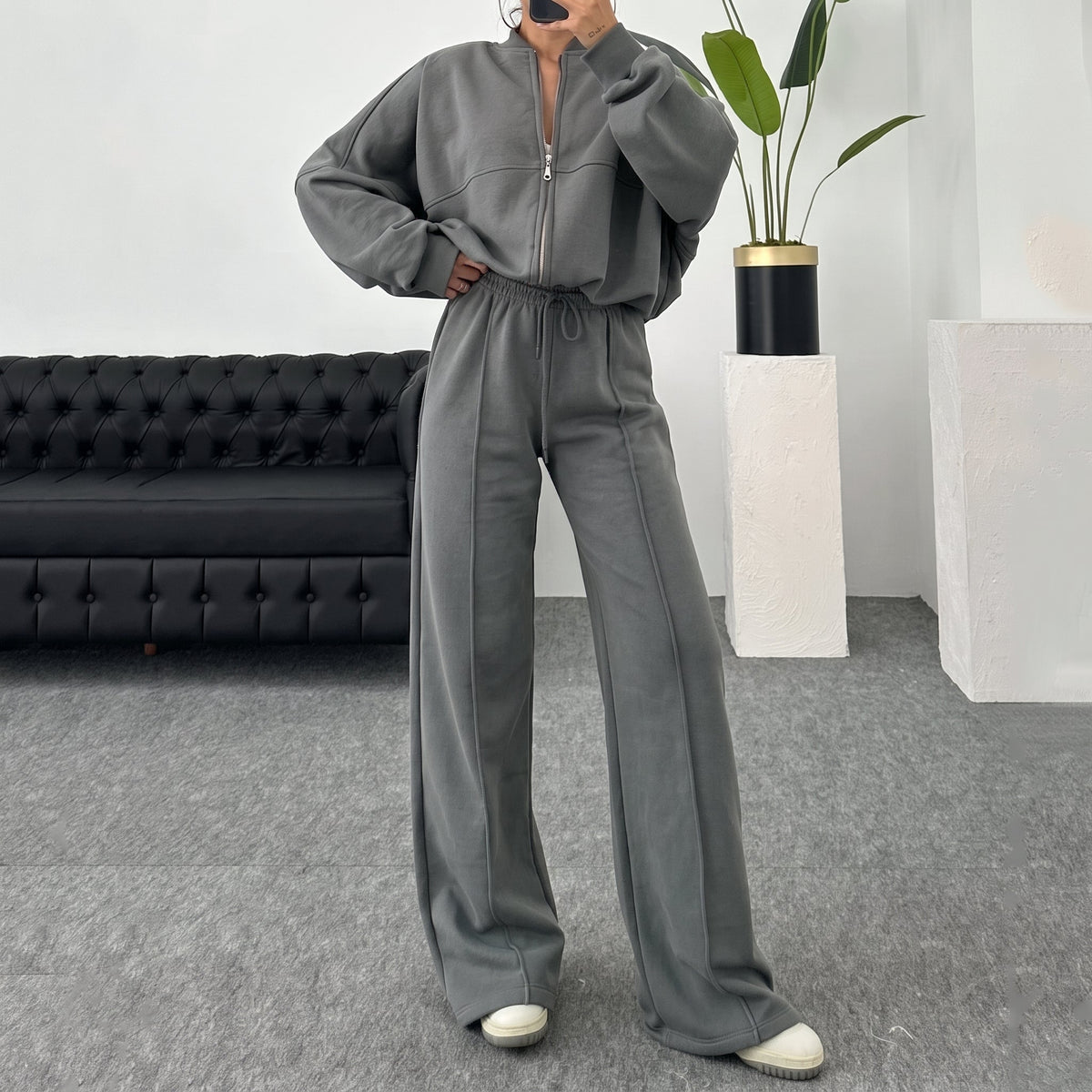 Sophie - Women's Relaxed Zip-Up Sweater Wide-Leg Jogger Tracksuit Set - Loungewear Sets - Gray - Sarvento