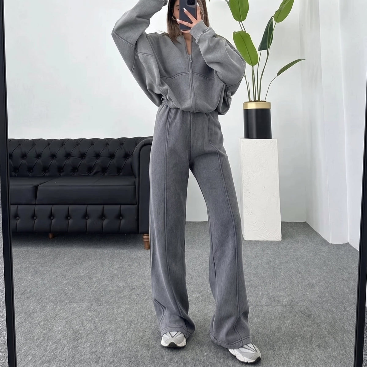 Sophie - Women's Relaxed Zip-Up Sweater Wide-Leg Jogger Tracksuit Set - Loungewear Sets - Gray - Sarvento