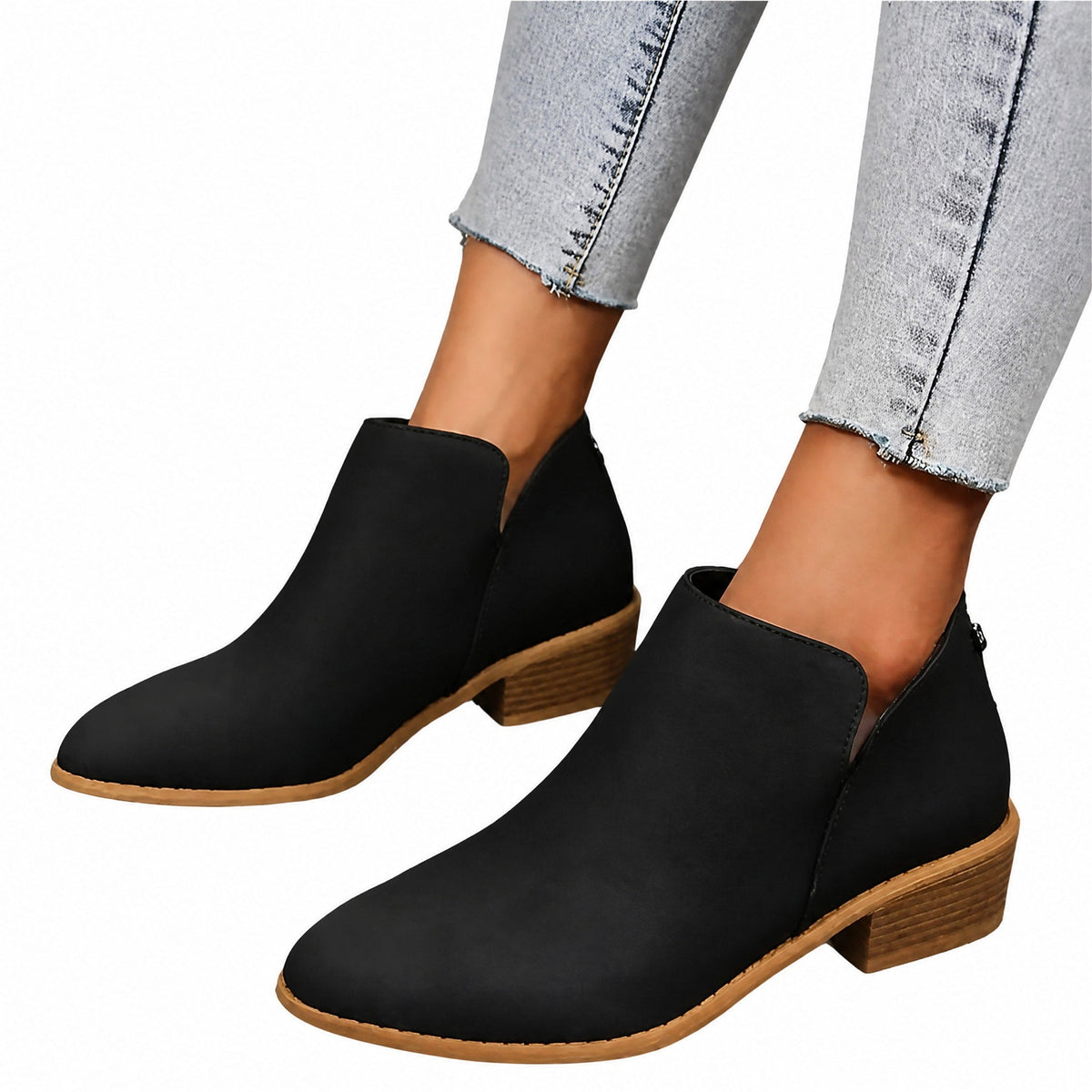 Sophie - Women's Slip-On Ankle Boots with Block Heel and V-Cut Topline - Boots - Black - Sarvento