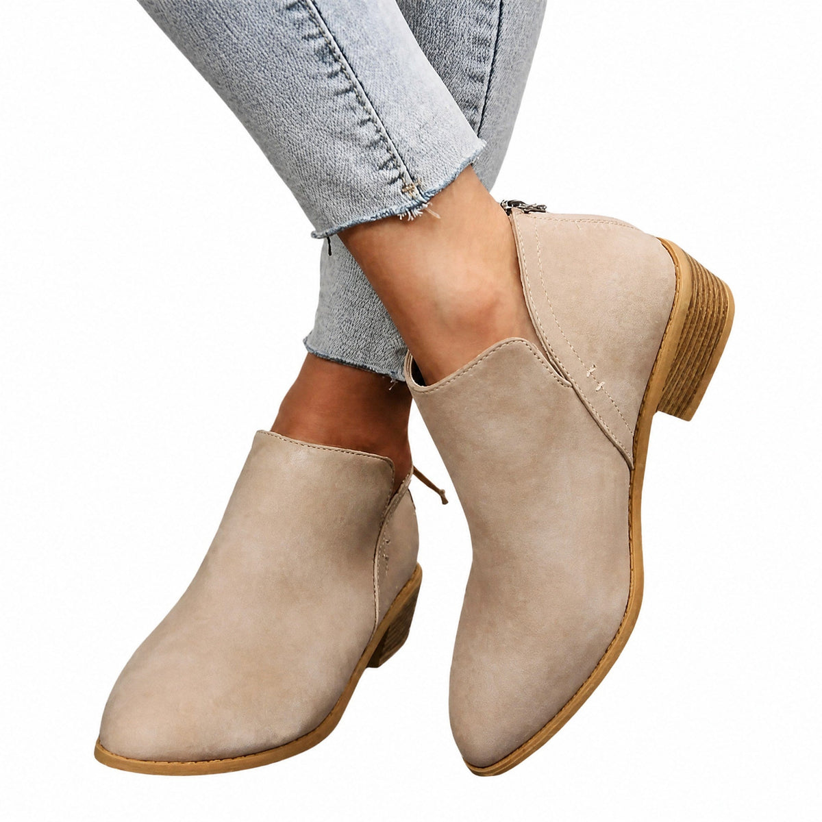 Sophie - Women's Slip-On Ankle Boots with Block Heel and V-Cut Topline - Boots - Brown - Sarvento