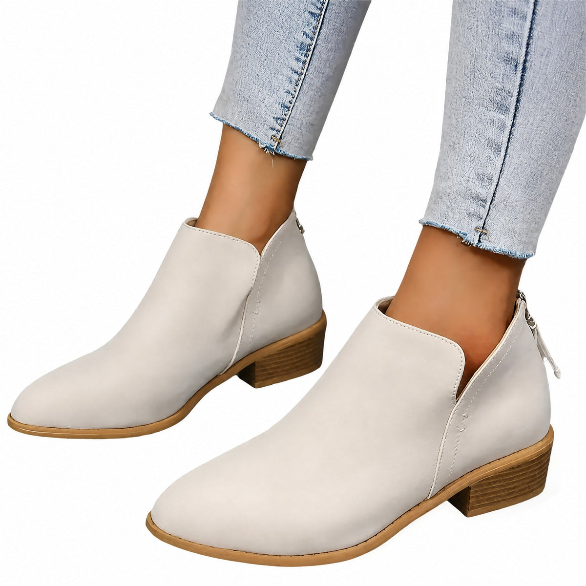 Sophie - Women's Slip-On Ankle Boots with Block Heel and V-Cut Topline - Boots - Beige - Sarvento