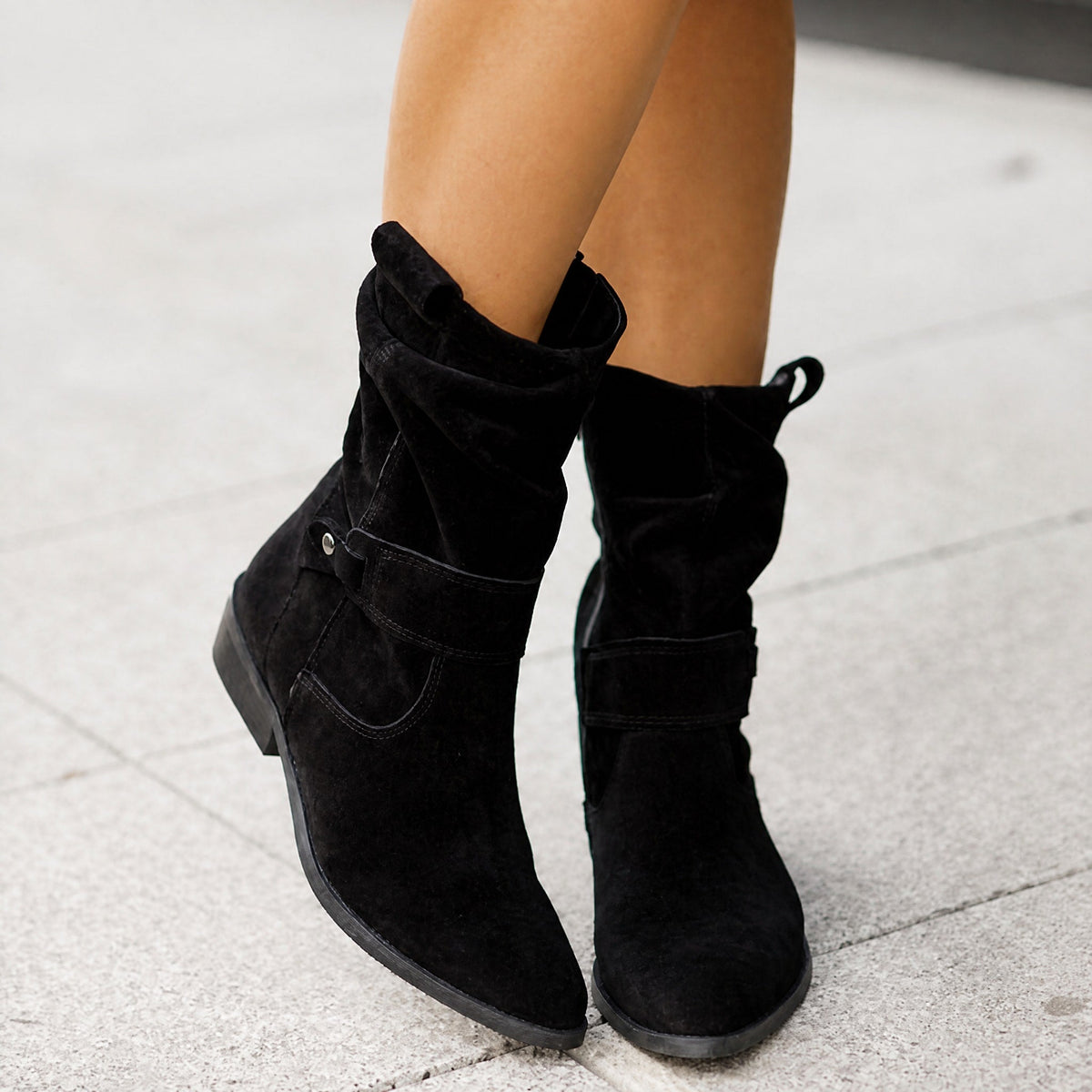 Sophie - Women's Slouched Low Heel Ankle Boots with Buckle Strap - Boots - Black - Sarvento