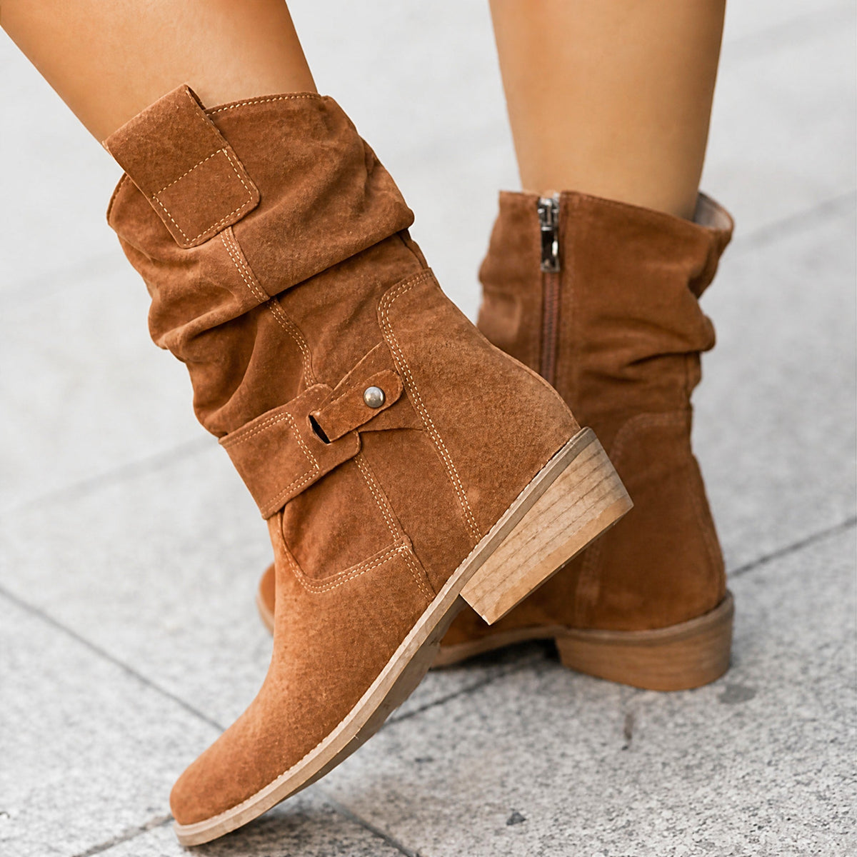 Sophie - Women's Slouched Low Heel Ankle Boots with Buckle Strap - Boots - Light Brown - Sarvento