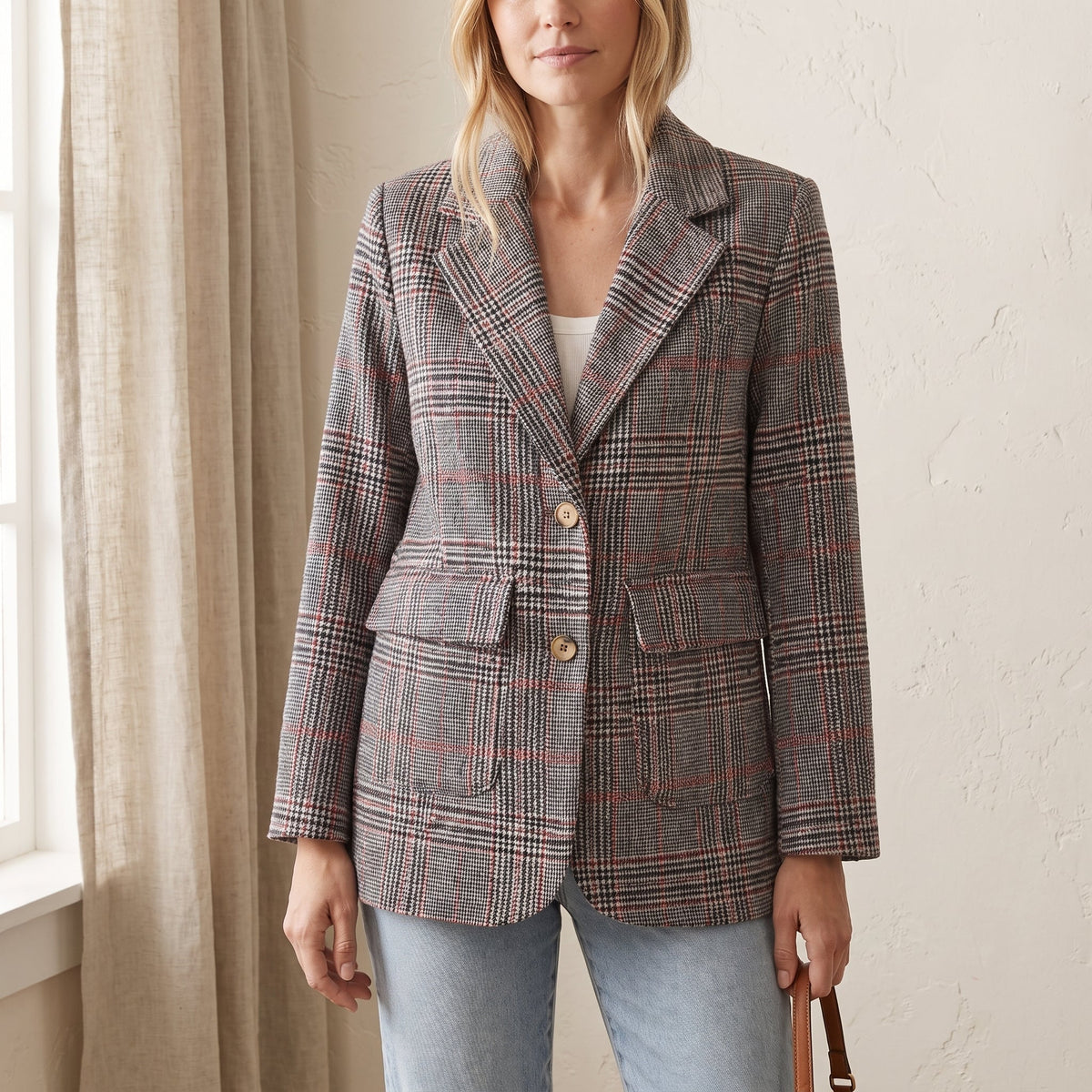 Sophie - Women's Tailored Double-Breasted Plaid Blazer - Blazers - Brown - Parker&Brooks