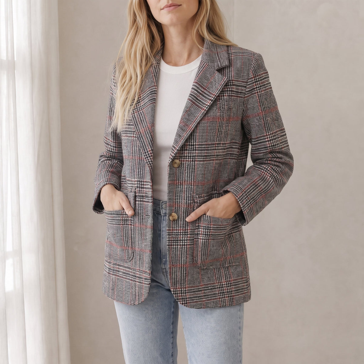 Sophie - Women's Tailored Double-Breasted Plaid Blazer - Blazers - Brown - Parker&Brooks