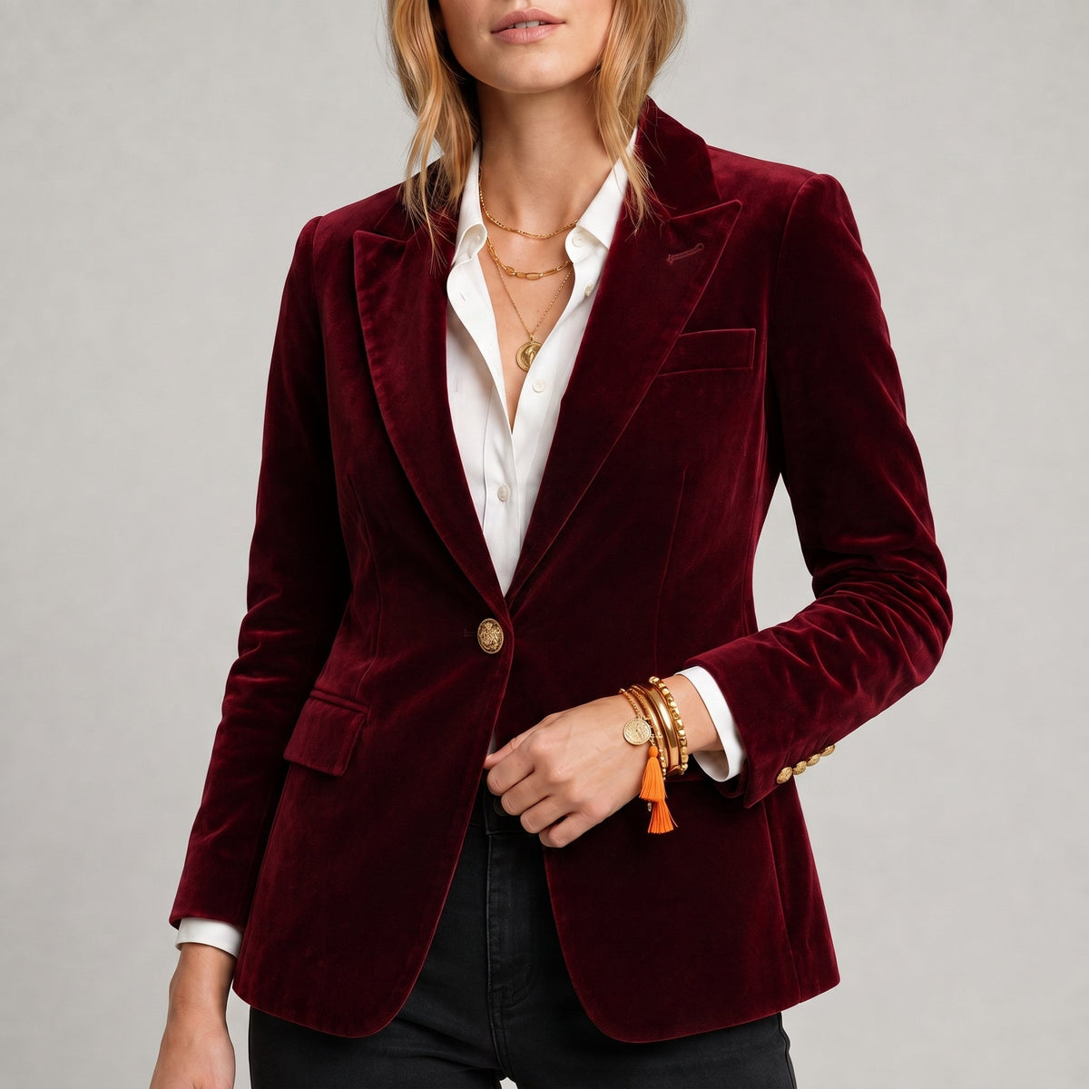 Sophie - Women's Tailored Fitted Blazer with Gold Buttons - Blazers - Wine Red - Parker&Brooks