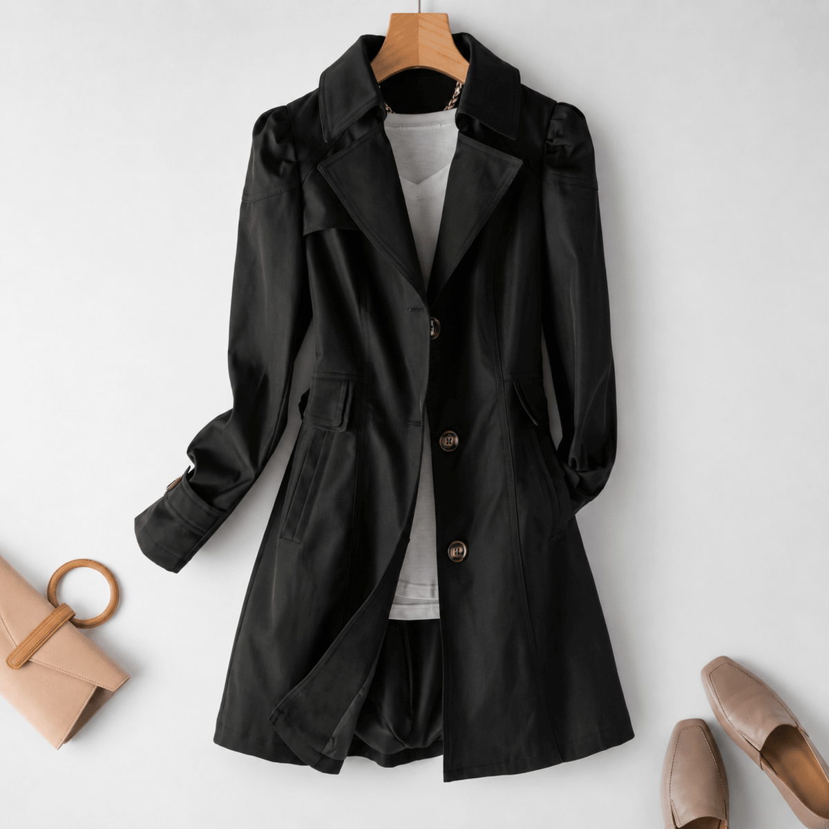 Sophie - Women's Tailored Longline Trench Coat with Notched Collar - Trench Coats - Black - Parker&Brooks