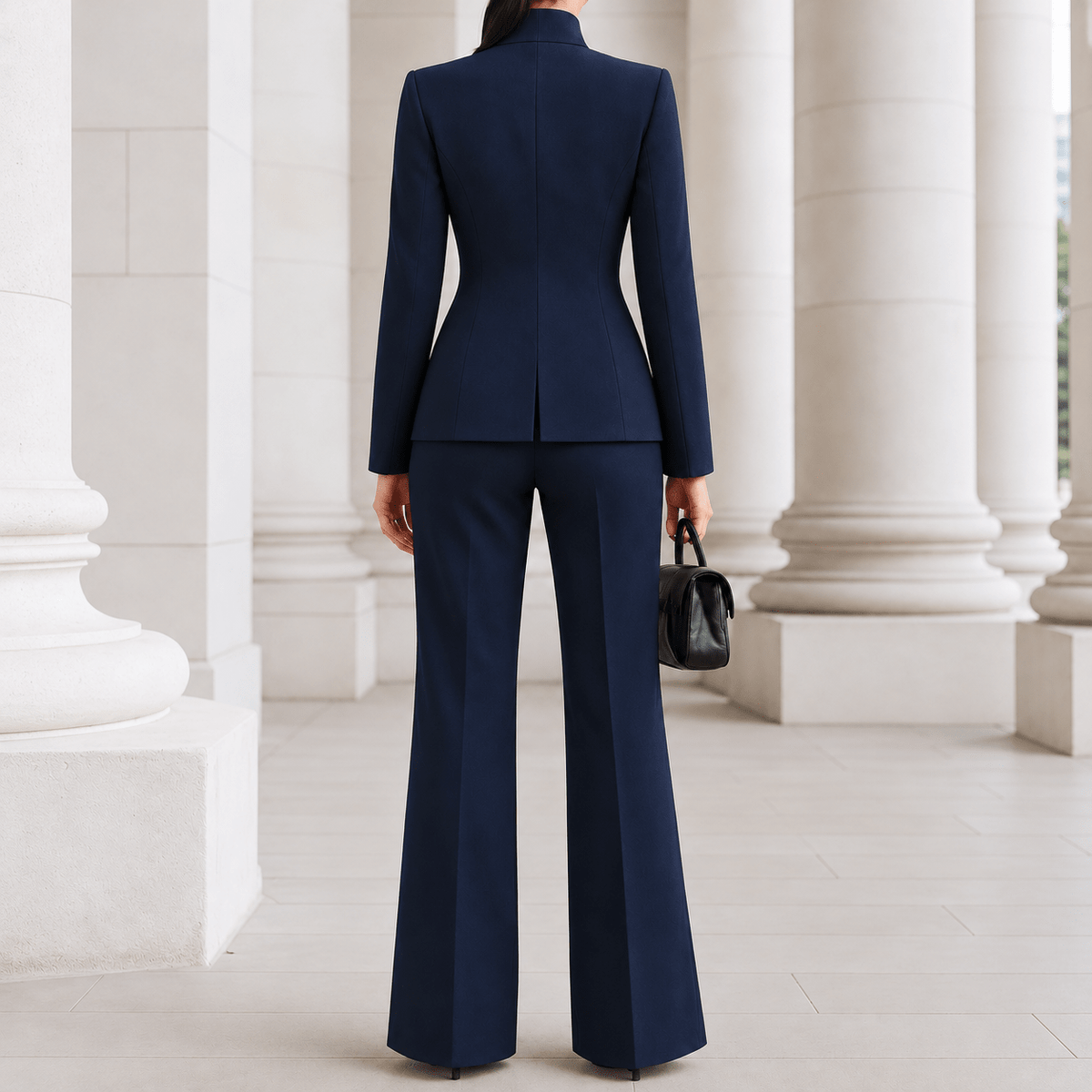 Sophie - Women's Tailored Stand Collar Blazer Wide-Leg Trouser Set - Outfit Sets - Blue - Sarvento