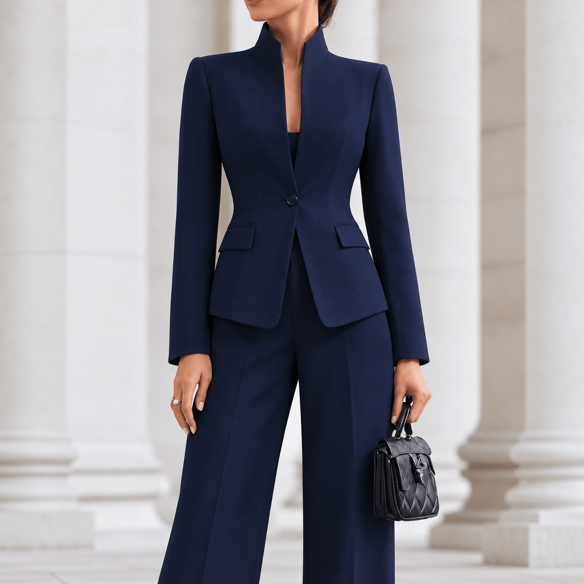 Sophie - Women's Tailored Stand Collar Blazer Wide-Leg Trouser Set - Outfit Sets - Blue - Sarvento