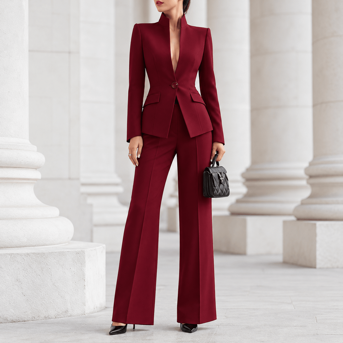 Sophie - Women's Tailored Stand Collar Blazer Wide-Leg Trouser Set - Outfit Sets - Red - Sarvento