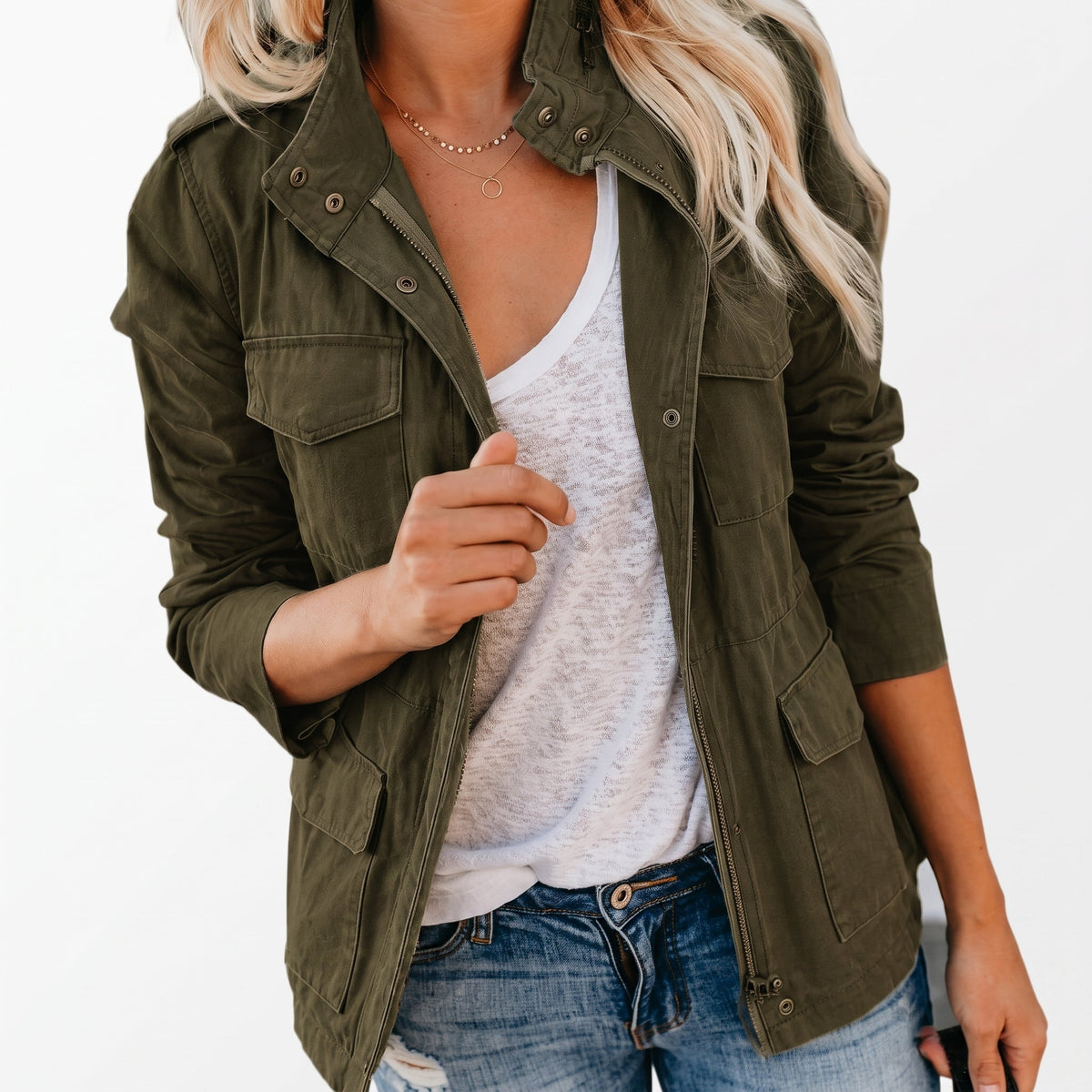 Sophie - Women's Transitional Utility Jacket with Snap Collar and Zip Closure - Jackets - Green - Parker&Brooks