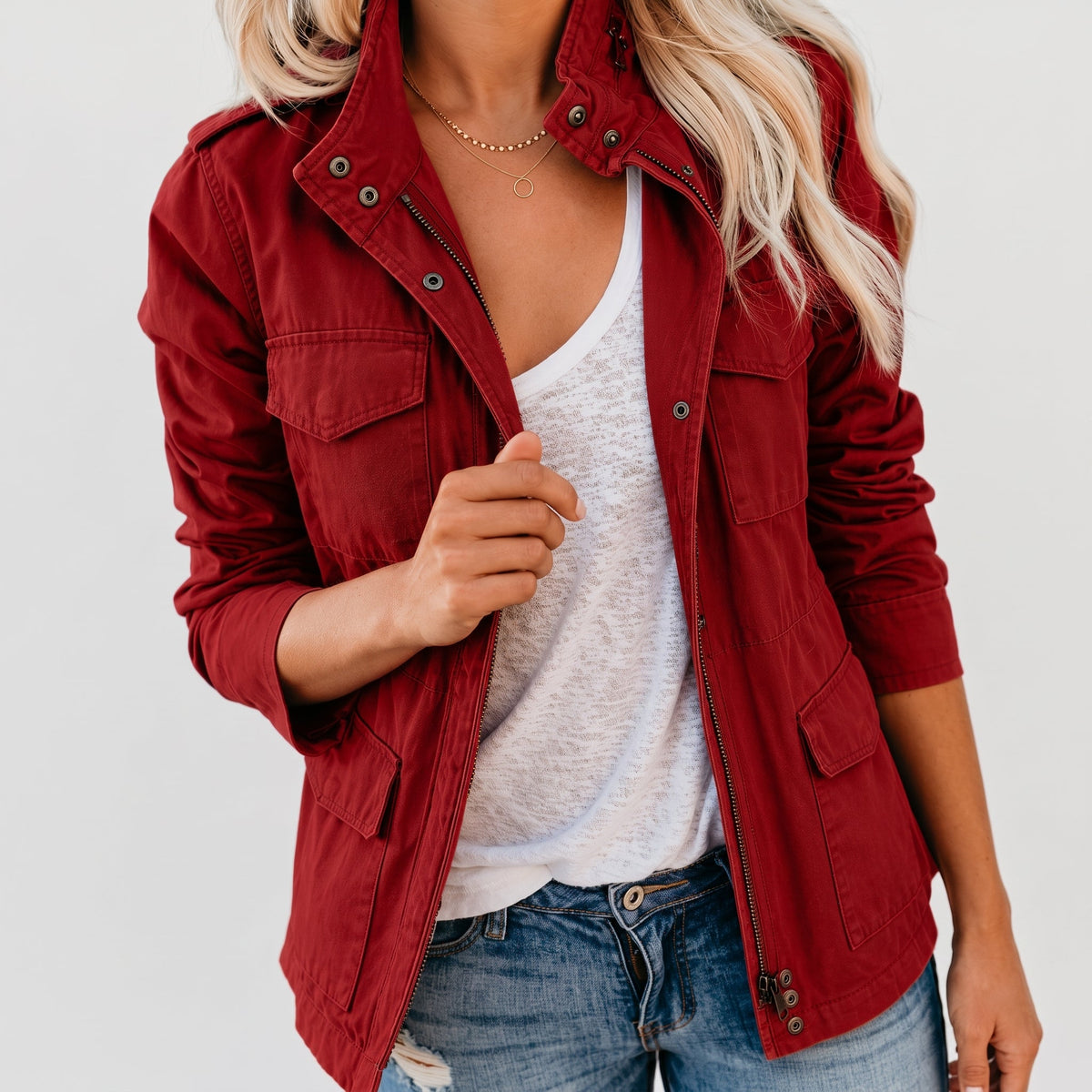 Sophie - Women's Transitional Utility Jacket with Snap Collar and Zip Closure - Jackets - Red - Parker&Brooks