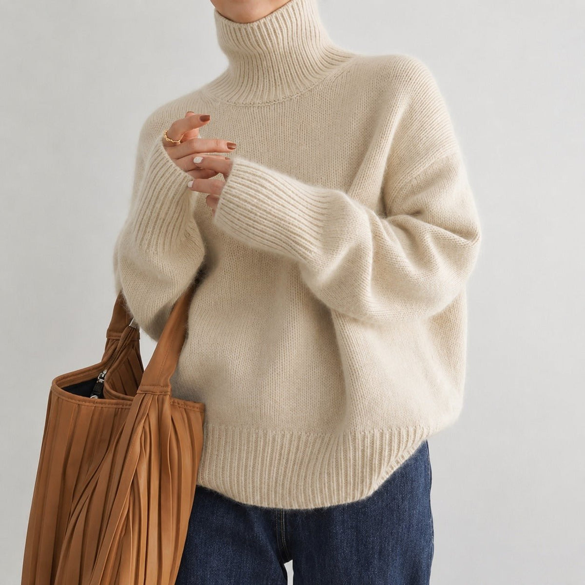 Sophie - Women's Turtleneck Oversized Knit Sweater with Ribbed Cuffs - Sweater - Beige - Parker&Brooks