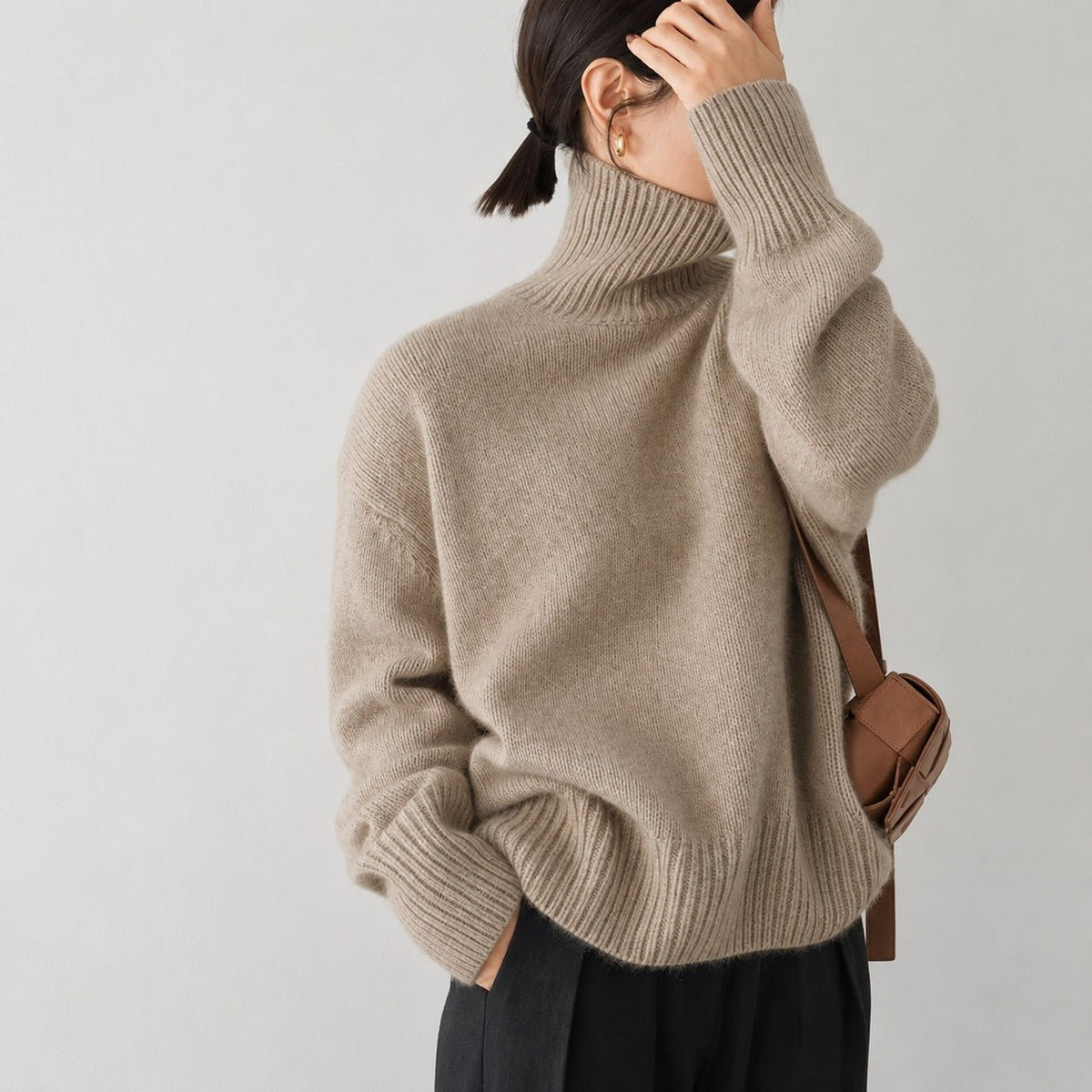 Sophie - Women's Turtleneck Oversized Knit Sweater with Ribbed Cuffs - Sweater - Khaki - Parker&Brooks