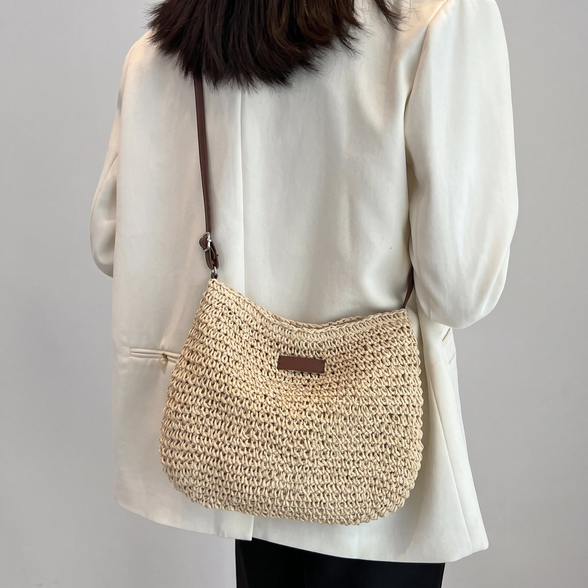 Sophie – Women’s Woven Crescent Crossbody Bag with Adjustable Leather Strap - Cross Body Bags - Beige - Sarvento