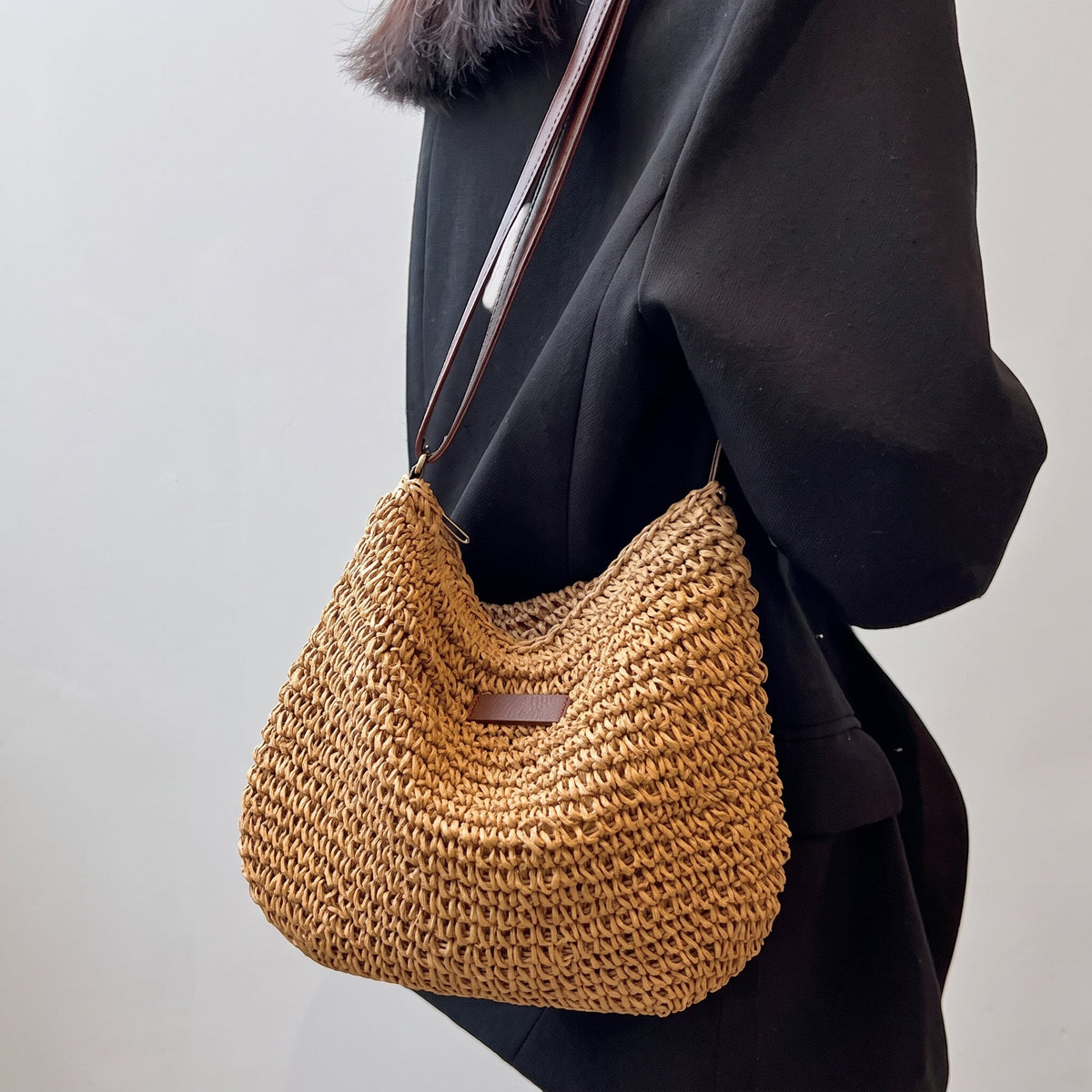 Sophie – Women’s Woven Crescent Crossbody Bag with Adjustable Leather Strap - Cross Body Bags - Khaki - Sarvento