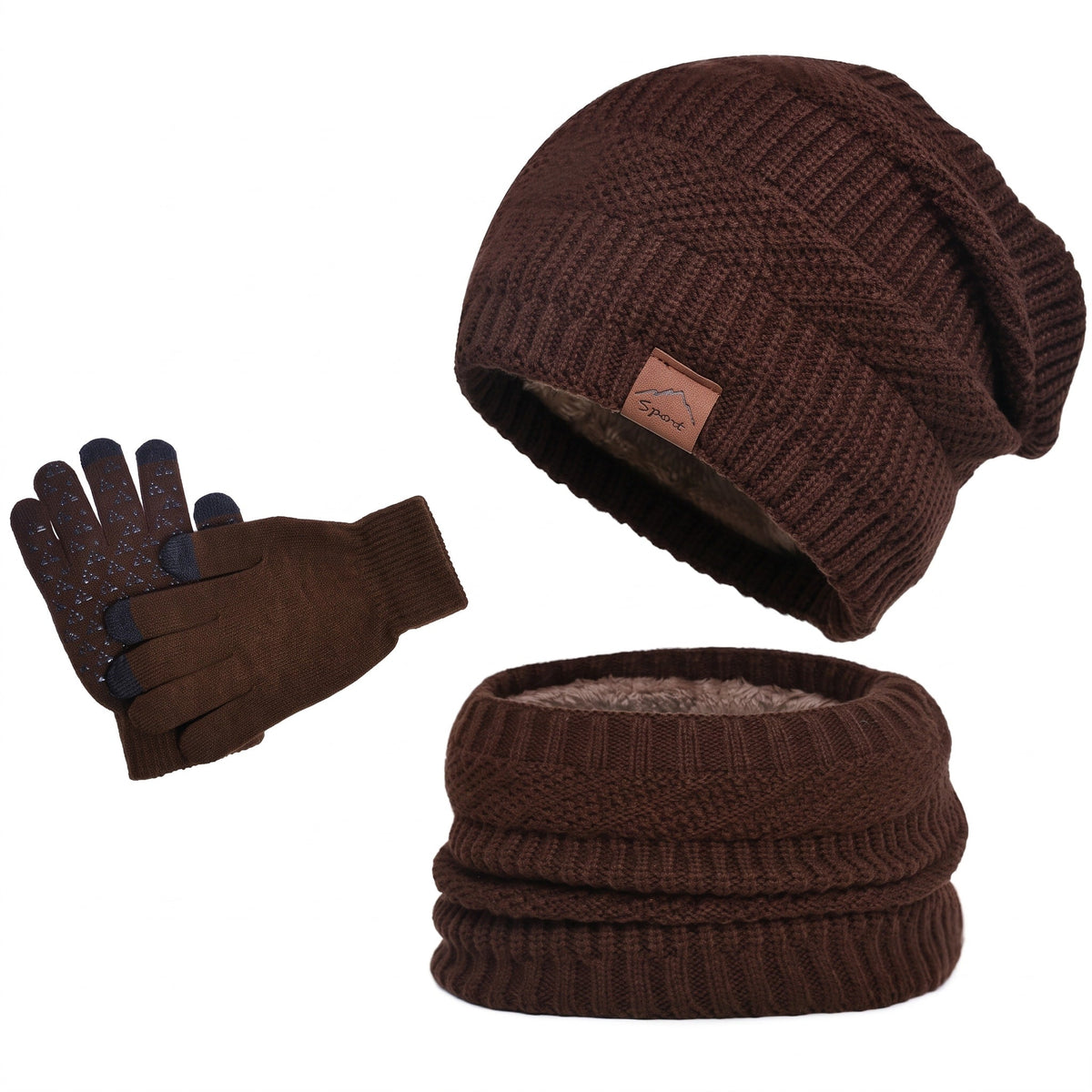Theo - Men's Beanie Hat, Scarf and Gloves Winter Set with Touchscreen Fingertips - Beanies - Dark Brown - Sarvento