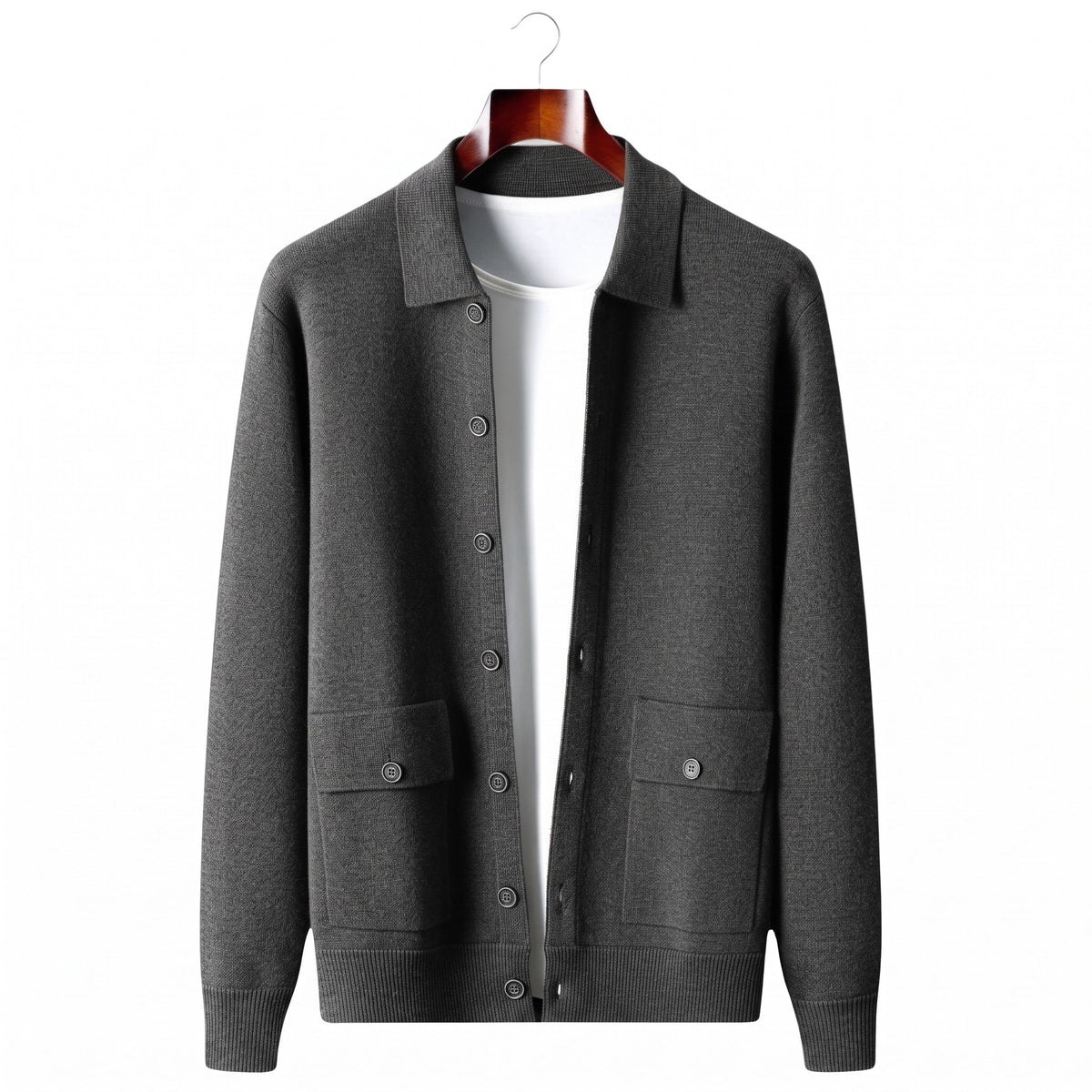 Theo – Men’s Collared Button-Front Knit Shacket with Patch Pockets - Coats & Jackets - Black - Sarvento