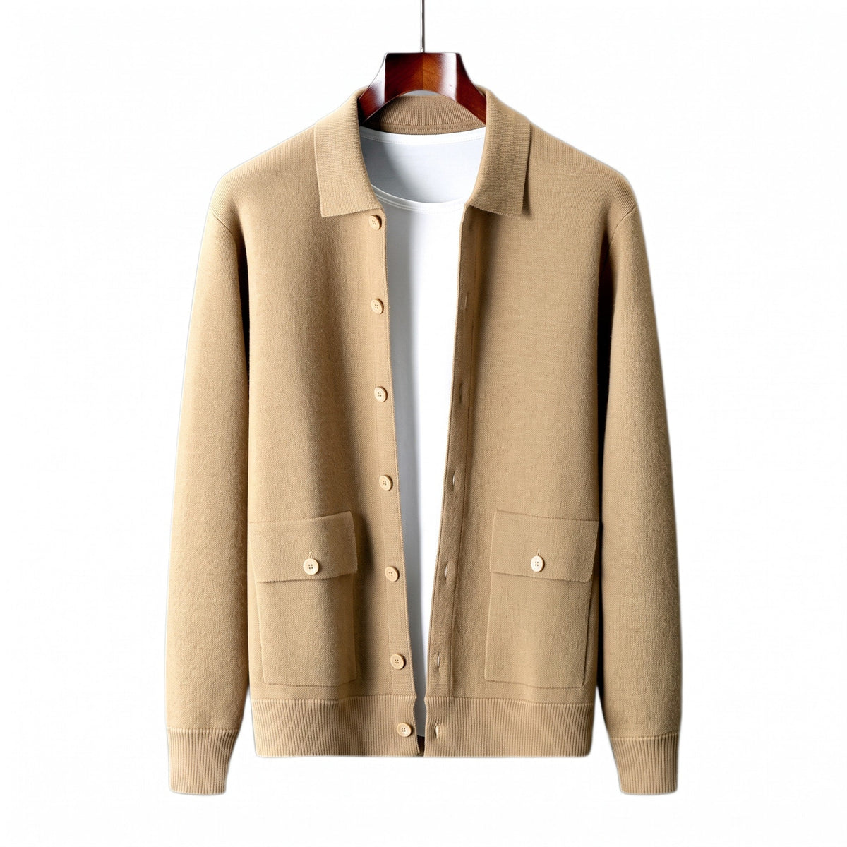 Theo – Men’s Collared Button-Front Knit Shacket with Patch Pockets - Coats & Jackets - Camel - Sarvento