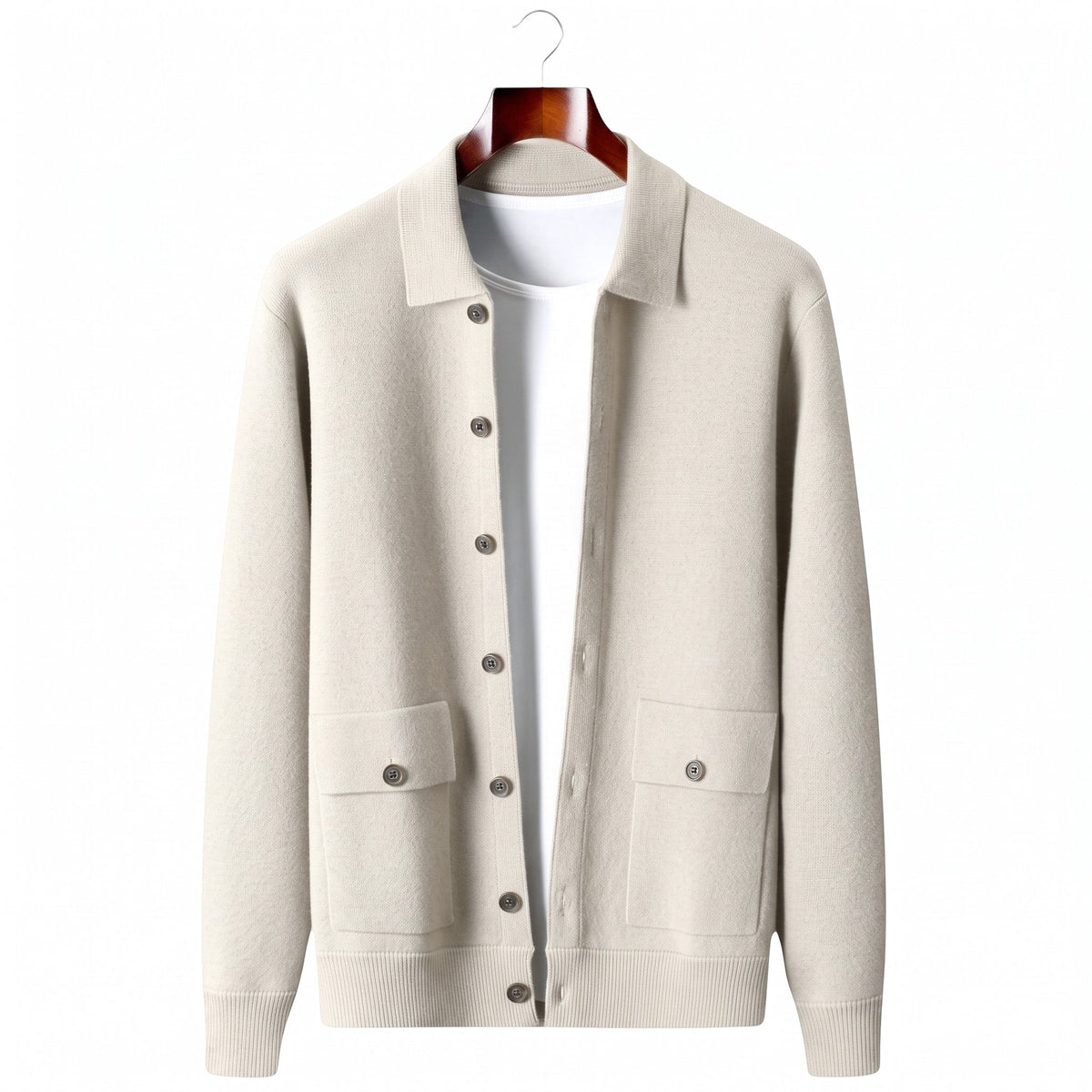 Theo – Men’s Collared Button-Front Knit Shacket with Patch Pockets - Coats & Jackets - Ivory - Sarvento