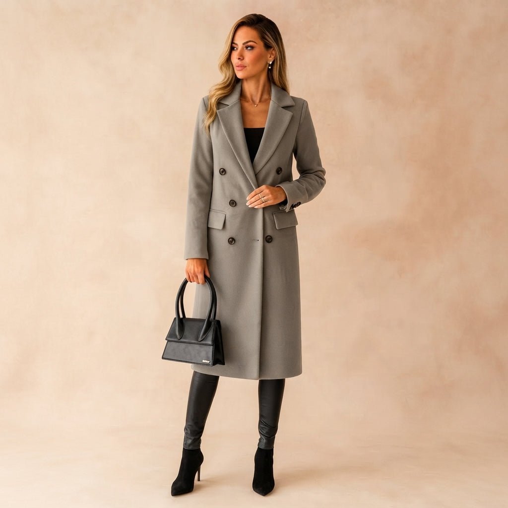 Victoria - Women's Double-Breasted Tailored Overcoat with Notch Lapel - Overcoats - Gray - Sarvento