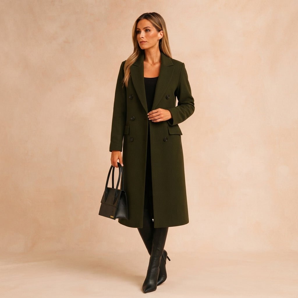Victoria - Women's Double-Breasted Tailored Overcoat with Notch Lapel - Overcoats - Army Green - Sarvento