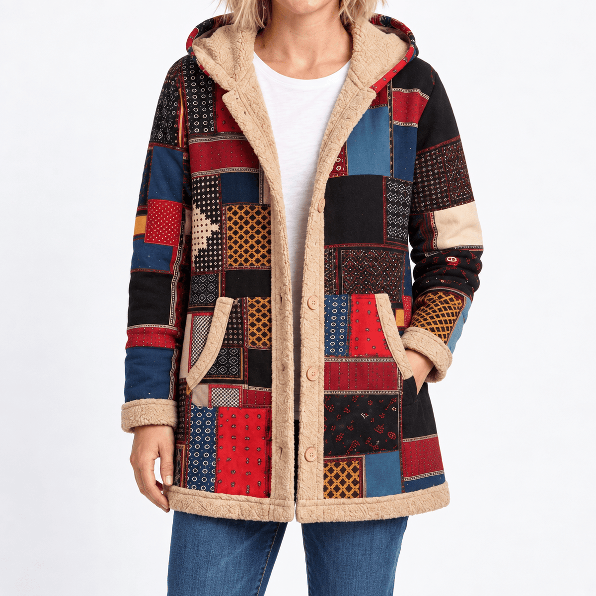 Wiktoria - Women's Hooded Patchwork Longline Coat with Sherpa Trim - Overcoats - Red - Sarvento