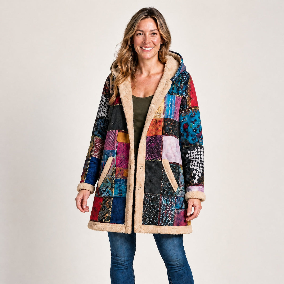 Wiktoria - Women's Hooded Patchwork Longline Coat with Sherpa Trim - Overcoats - Blue - Parker&Brooks