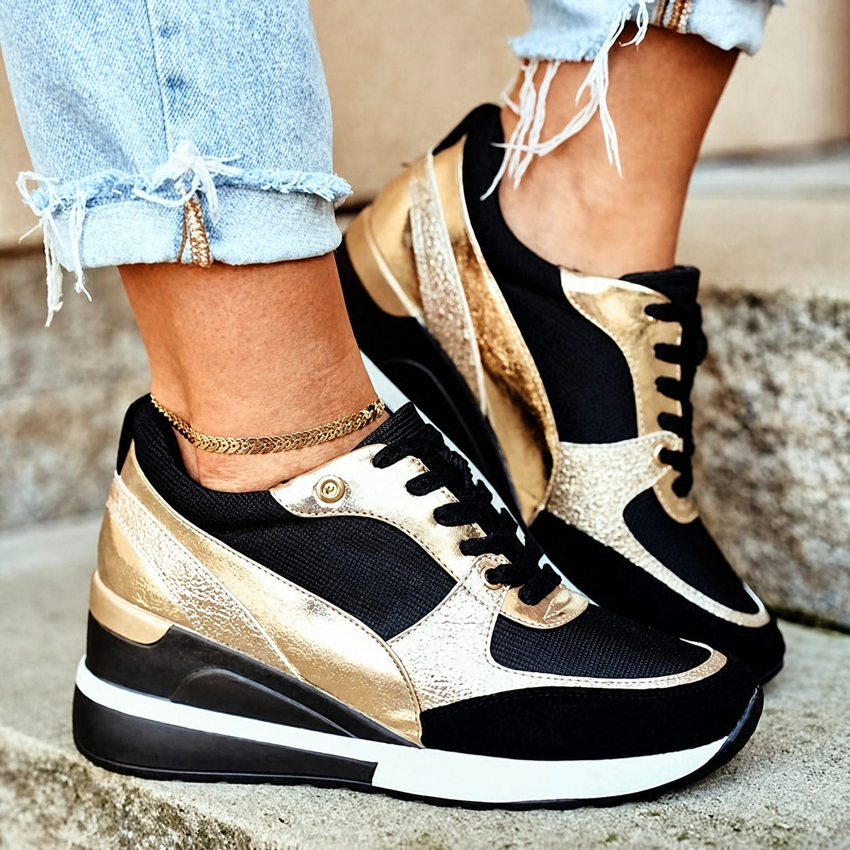 Wiktoria - Women's Orthopedic Wedge Sneakers with Perforated Panels - Sneakers - Black - Parker&Brooks