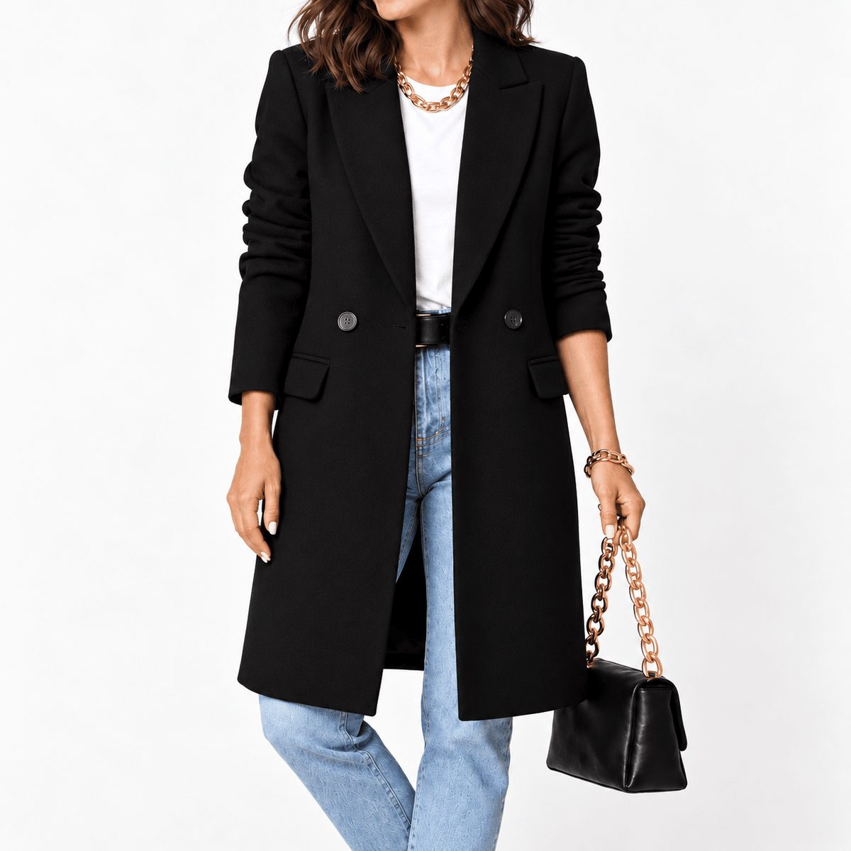 Wiktoria - Women's Tailored Double-Breasted Longline Overcoat with Notched Lapel - Overcoats - Black - Sarvento