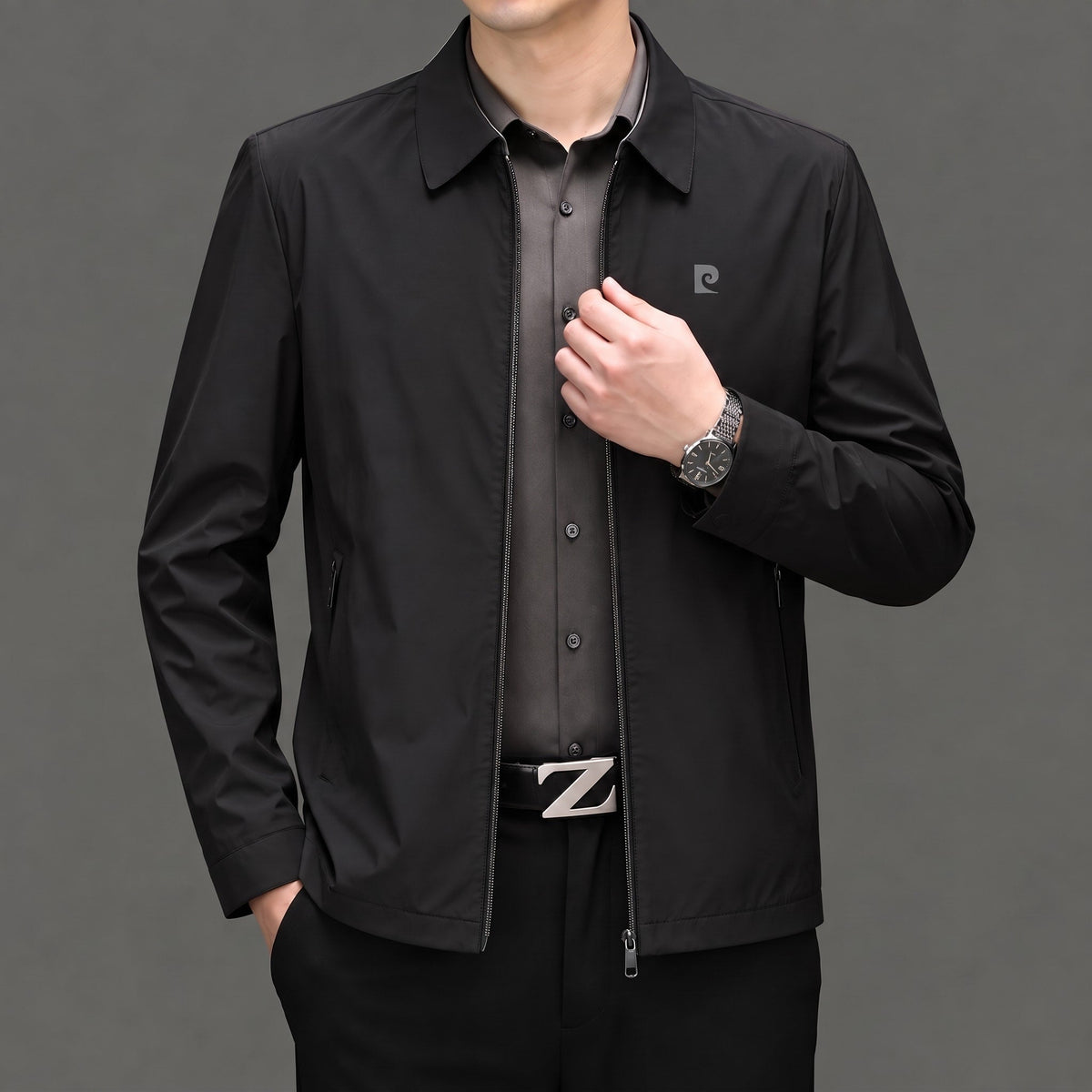 William - Men's Transitional Point Collar Zip-Up Jacket with Concealed Zipper - Coats & Jackets - Black - Parker&Brooks