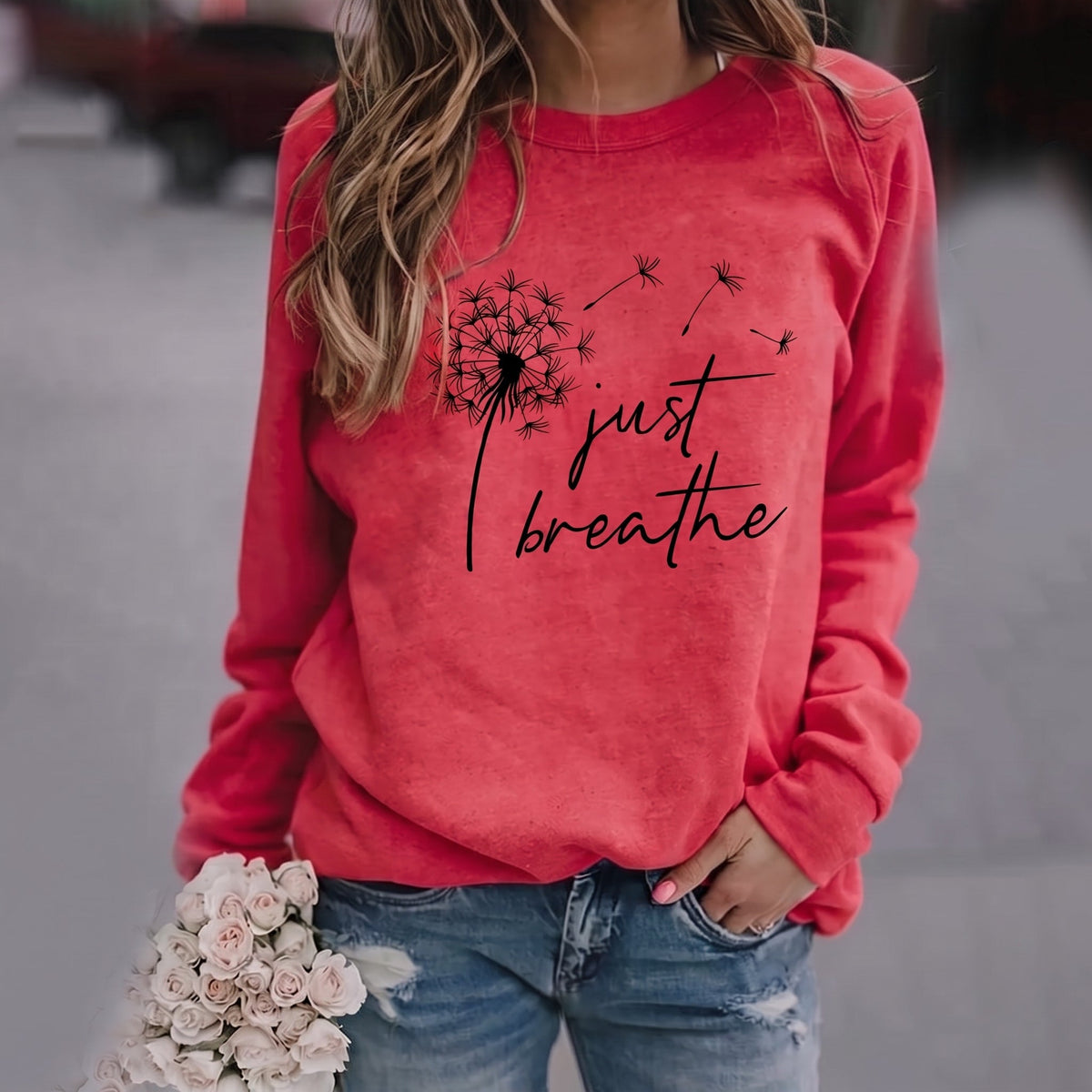 Yarely - Women's Dandelion Print Crew Neck Sweatshirt - Sweatshirts - Red - Parker&Brooks