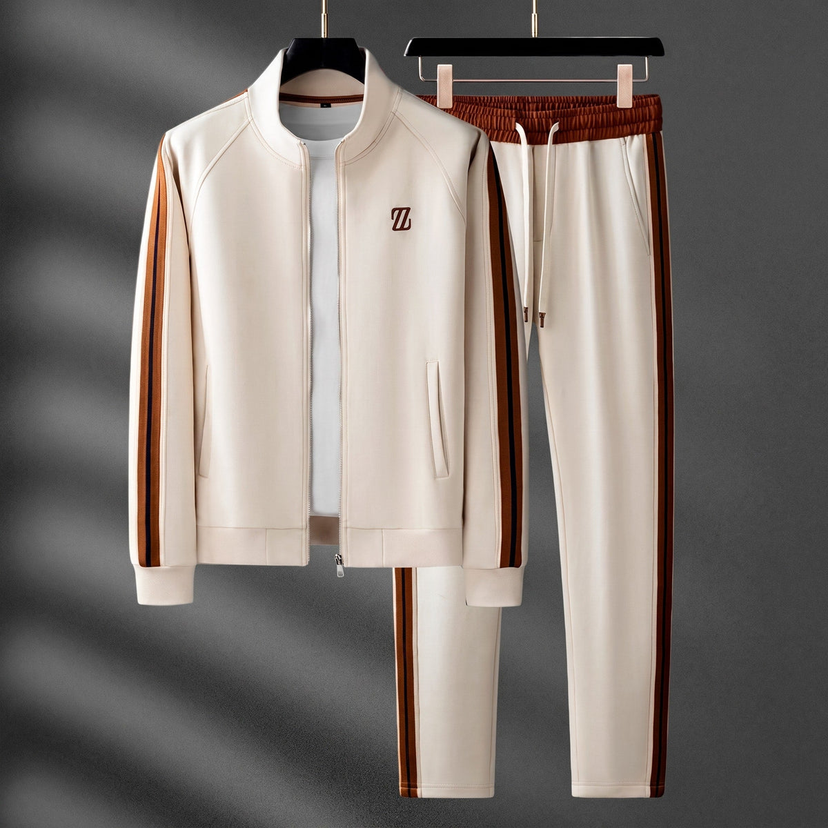 Zane - Men's Two-Piece Zip-Up Tracksuit Set with Contrast Stripes - Beige - Parker&Brooks