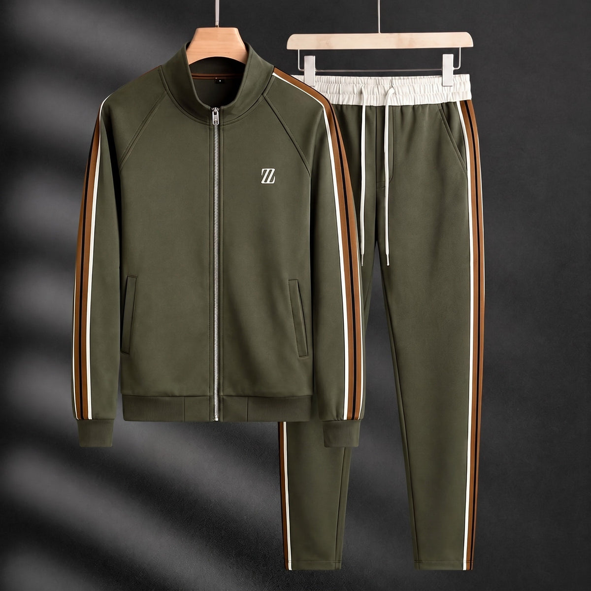 Zane - Men's Two-Piece Zip-Up Tracksuit Set with Contrast Stripes - Green - Parker&Brooks