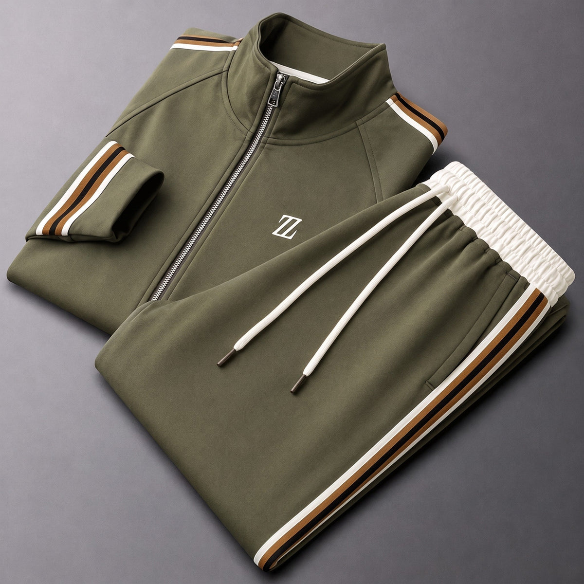 Zane - Men's Two-Piece Zip-Up Tracksuit Set with Contrast Stripes - Green - Parker&Brooks