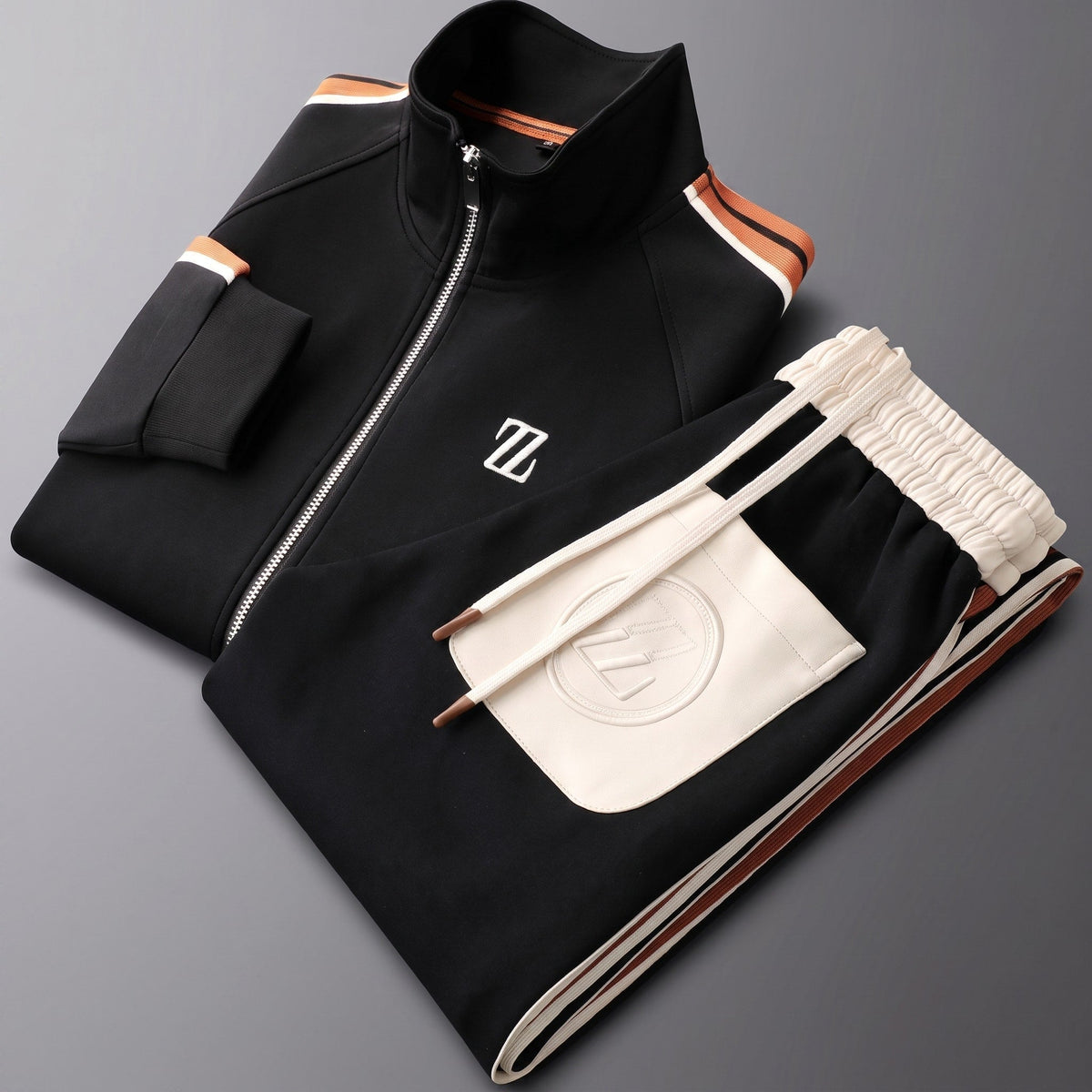 Zane - Men's Two-Piece Zip-Up Tracksuit Set with Contrast Stripes - Black - Parker&Brooks