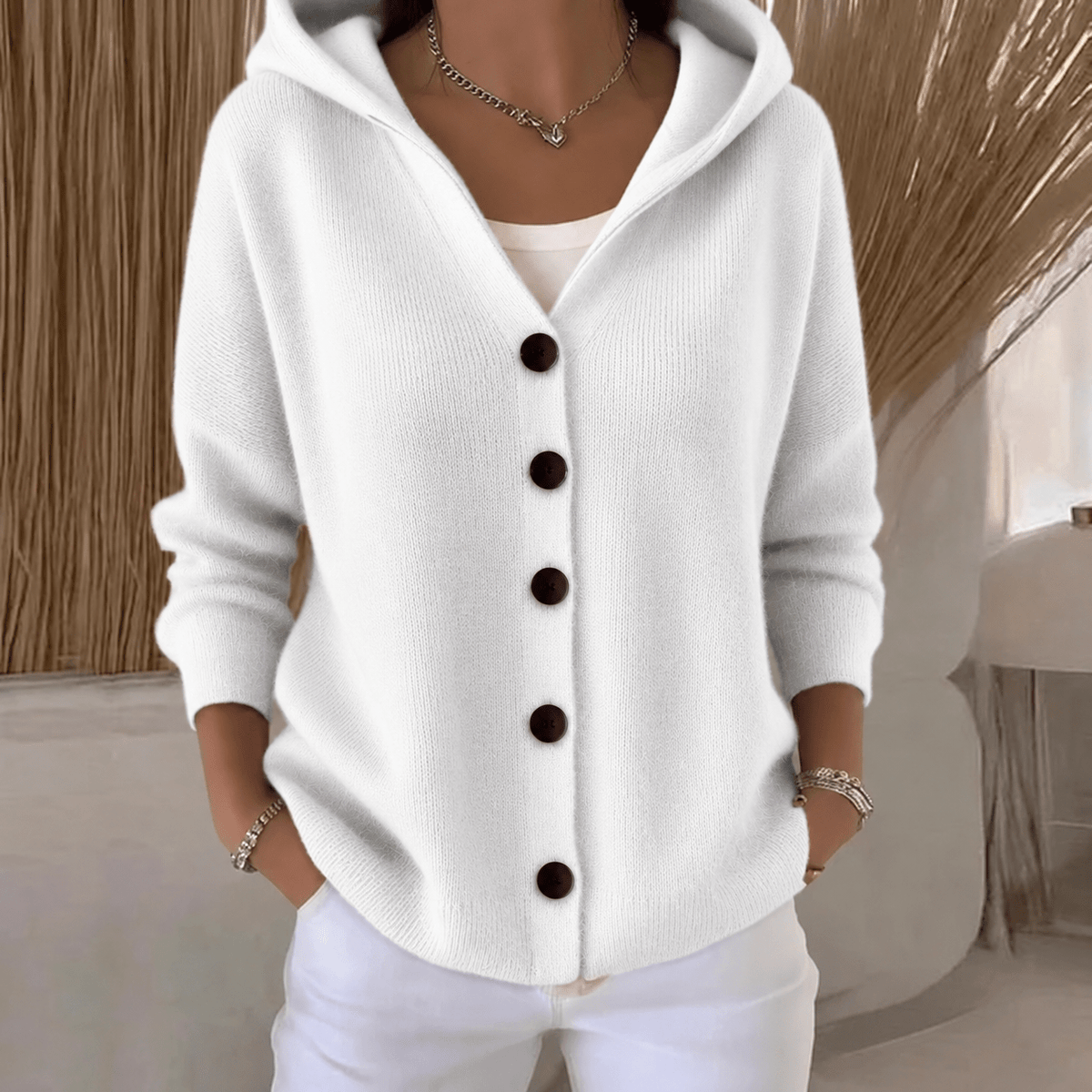 Zoe - Women's Hooded Button-Up Knit Cardigan - Cardigans - White - Sarvento