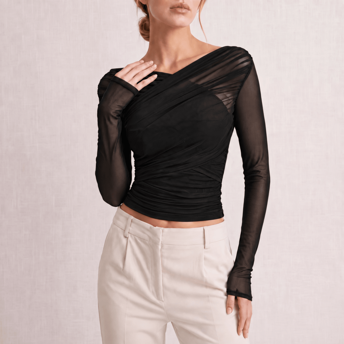 Zoe - Women's Sheer Ruched Long Sleeve Top with Wrap Neckline - Blouses - Black - Parker&Brooks