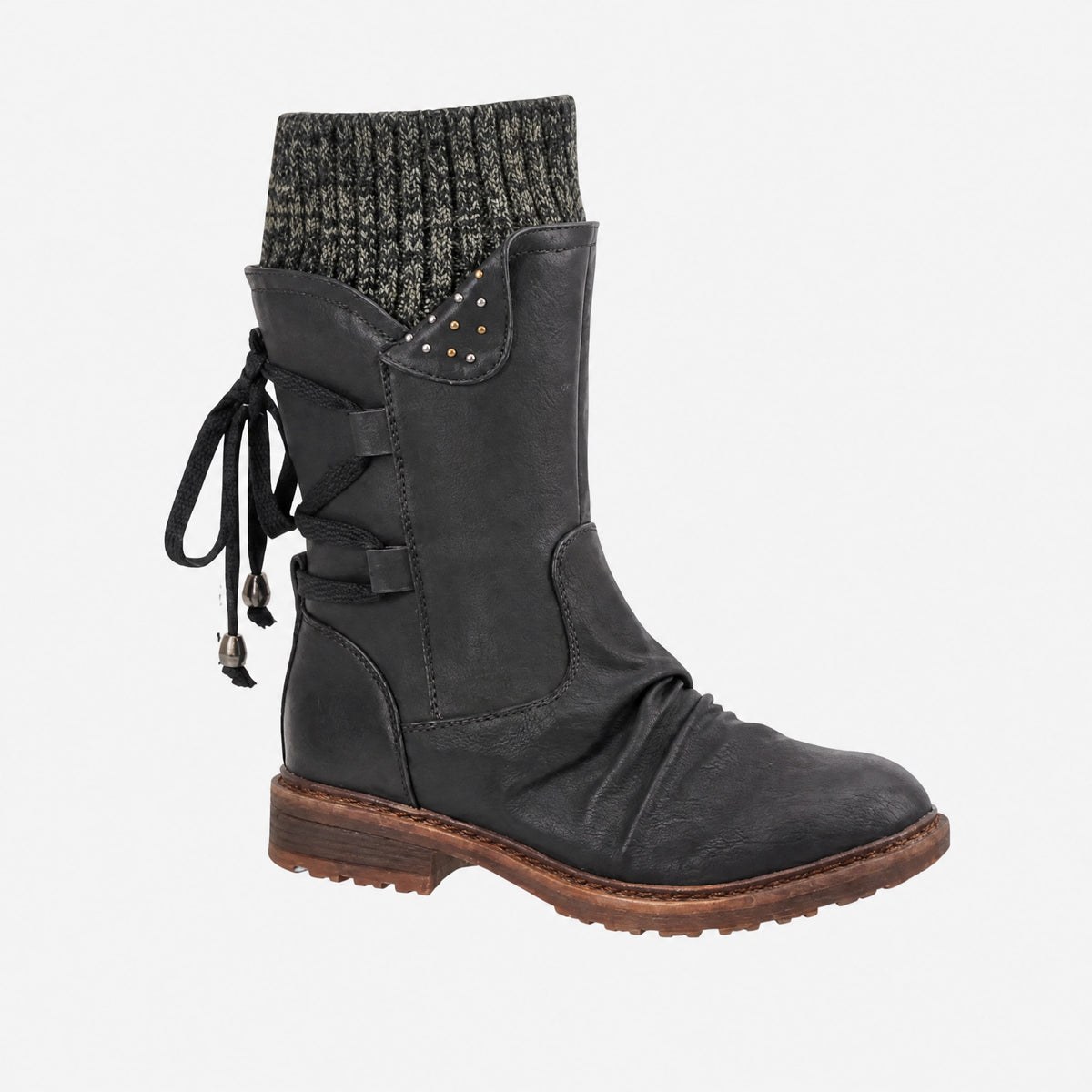 Fiona - Women's Lace-Up Mid-Calf Boots with Knit Cuff and Buckle Strap