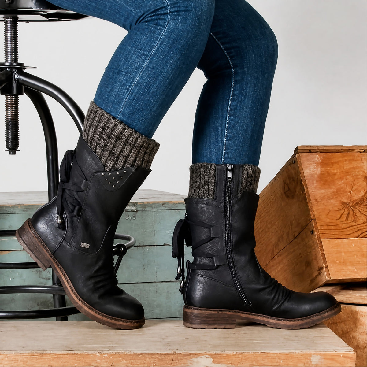 Fiona - Women's Lace-Up Mid-Calf Boots with Knit Cuff and Buckle Strap