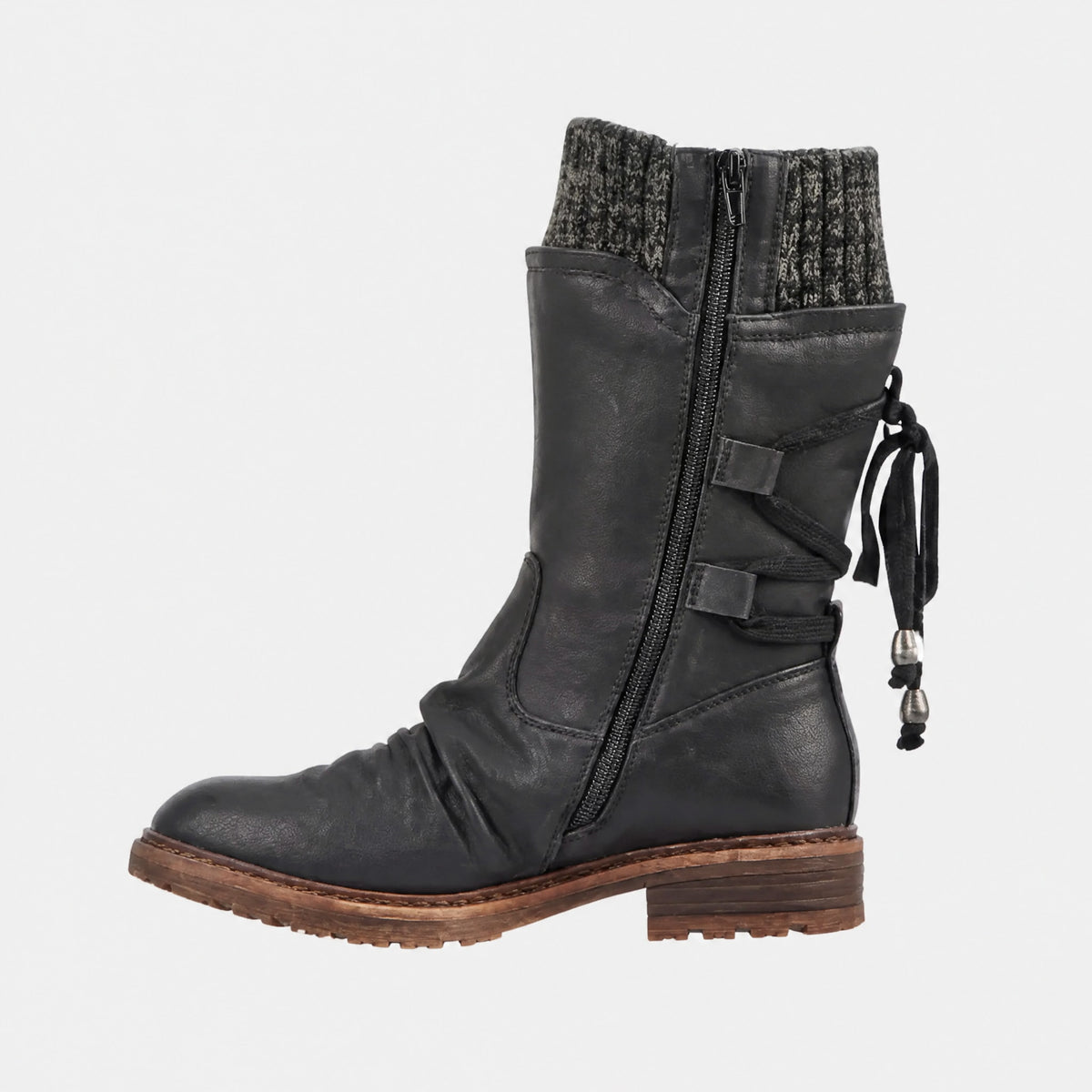 Fiona - Women's Lace-Up Mid-Calf Boots with Knit Cuff and Buckle Strap