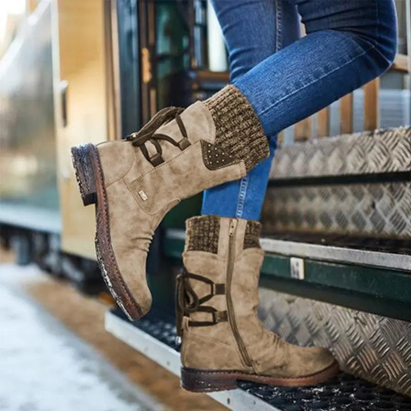 Fiona - Women's Lace-Up Mid-Calf Boots with Knit Cuff and Buckle Strap
