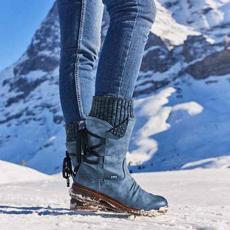 Fiona - Women's Lace-Up Mid-Calf Boots with Knit Cuff and Buckle Strap