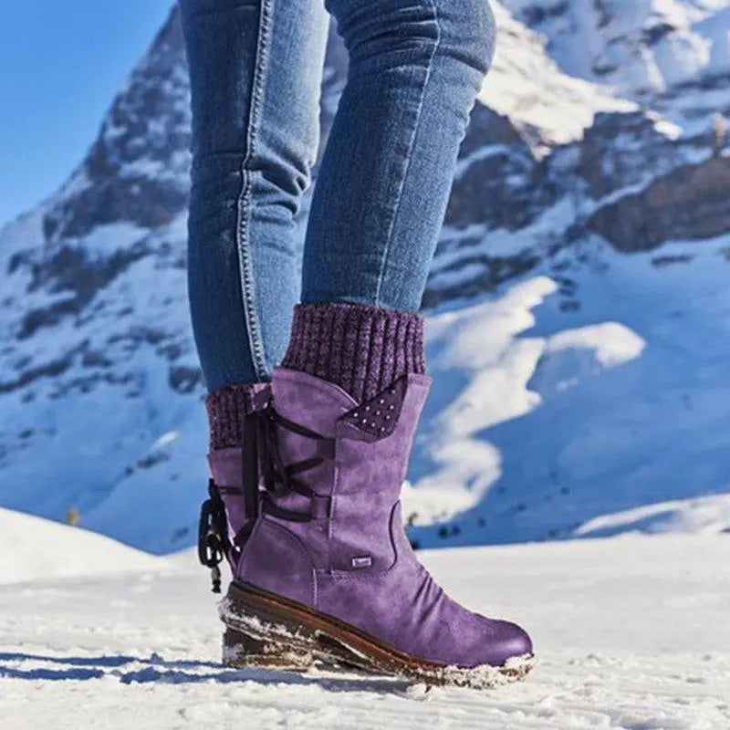 Fiona - Women's Lace-Up Mid-Calf Boots with Knit Cuff and Buckle Strap