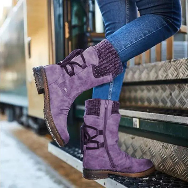 Fiona - Women's Lace-Up Mid-Calf Boots with Knit Cuff and Buckle Strap